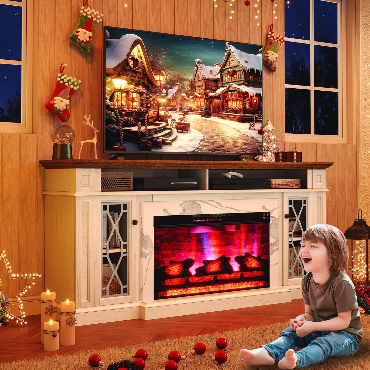 AMERLIFE 70" Farmhouse Heavy Fireplace TV Stand with 33" Electric Fireplace, for 80" TVs up, Media Entertainment Center with Diamond Door, TV Console Storage Cabinet for Living Room, White & Barnwood