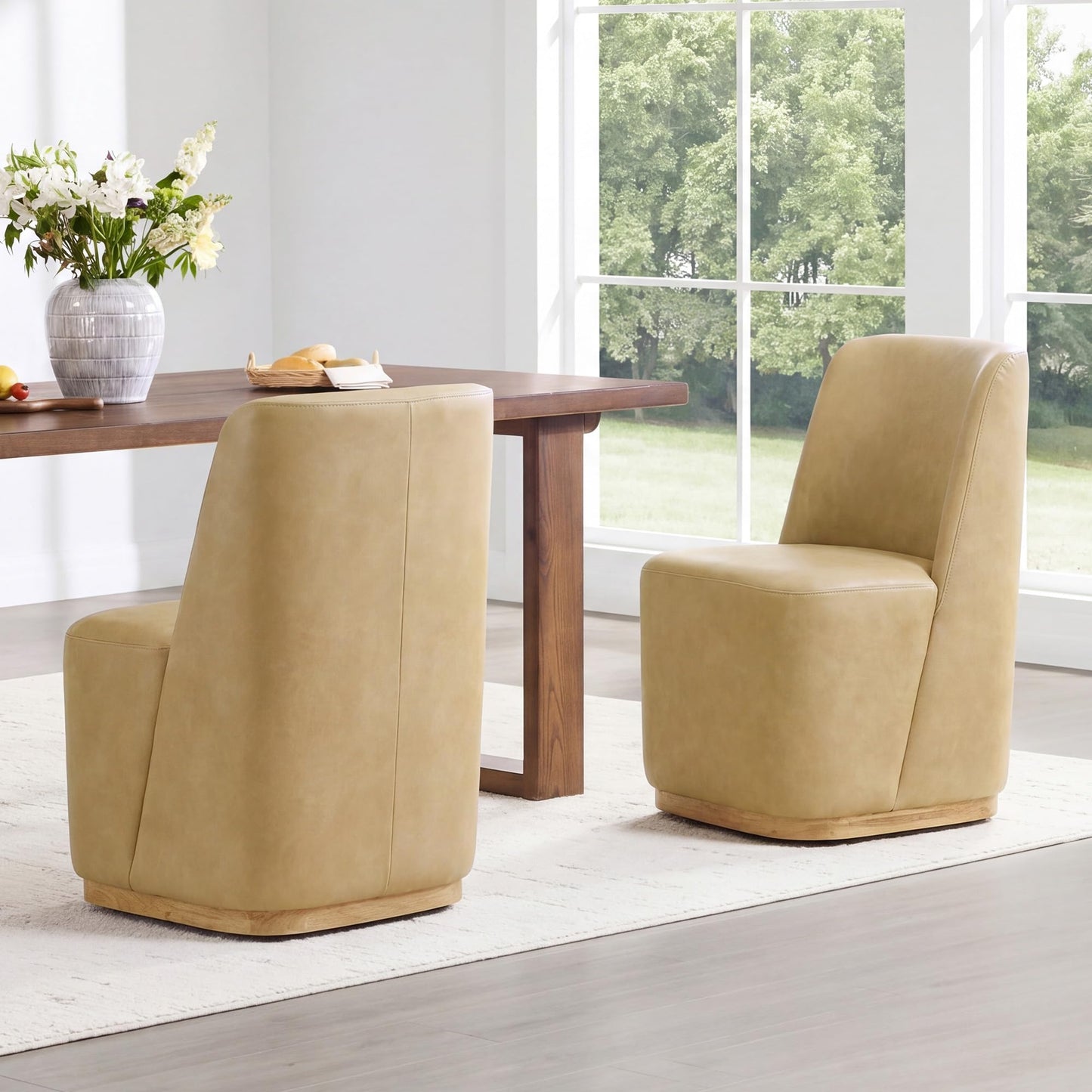 CHITA Upholstered Rolling Dining Chair with Casters Set of 2, Oatmeal | FSC Certified Modern Fabric Dining Chair with Casters, Boucle Dining Chairs for Reading Room Kitchen Dining Room