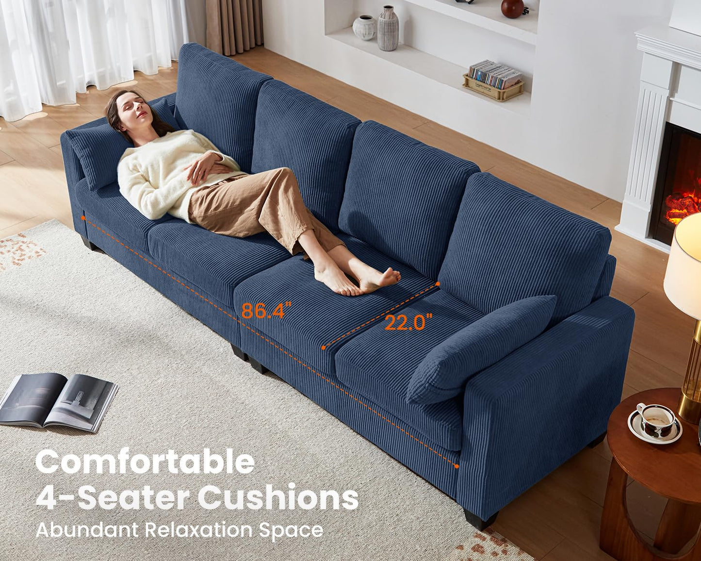 CHIC HOUSE Corduroy Modular Sectional Couch with Ottoman Chaise, L Shaped 4-seat Sofa for Living Room, Apartment, Lounge, Modern Armrest Neck Support Furniture