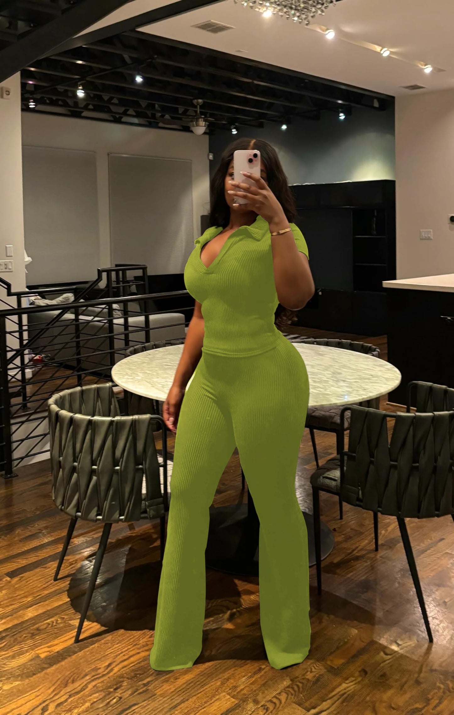 HBQ Women Two Piece Outfit Ribbed Short Sleeve V Neck Polo Top and Flare Pants Casual Lounge Sets Tracksuit