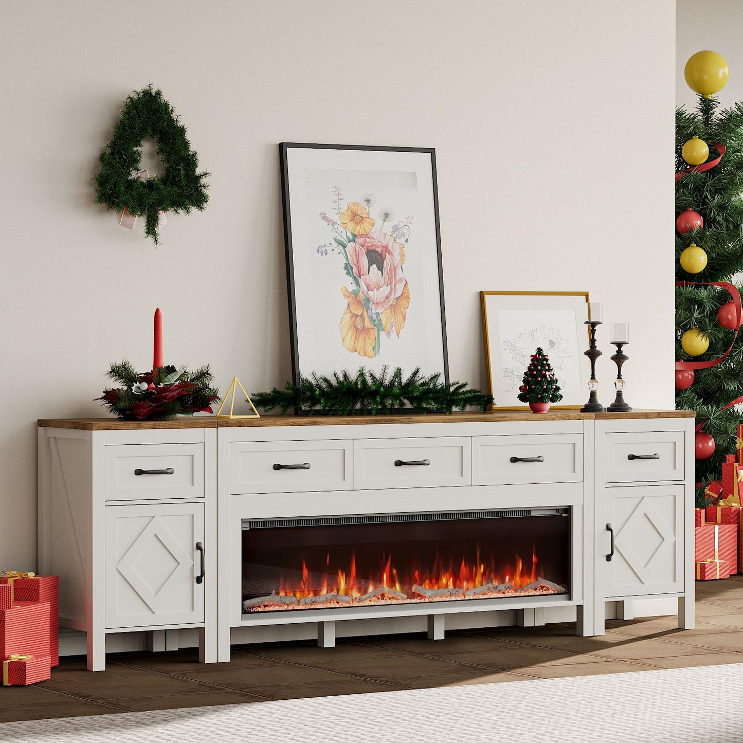 Farmhouse TV Stand with Fireplace for TVs Up to 95 Inch,Entertainment Center with 50" Electric Fireplace,88" TV Console with Storage Cabinet Drawers for Living Room(Off White)