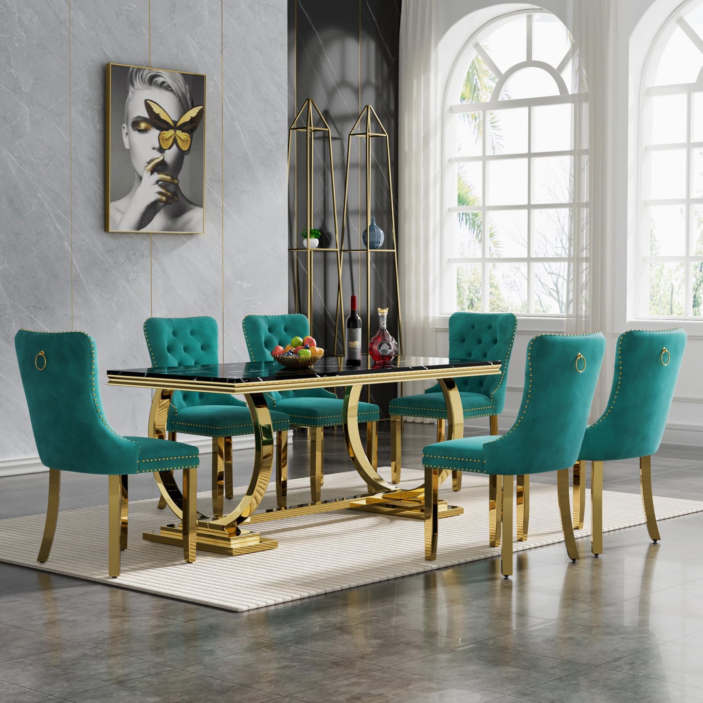 HomVent 70" Faux Marble Dining Table Set for 6, Rectangular Marble Top Kitchen Table Set, Kitchen & Dining Room Sets, Dining Table and Dining Chair