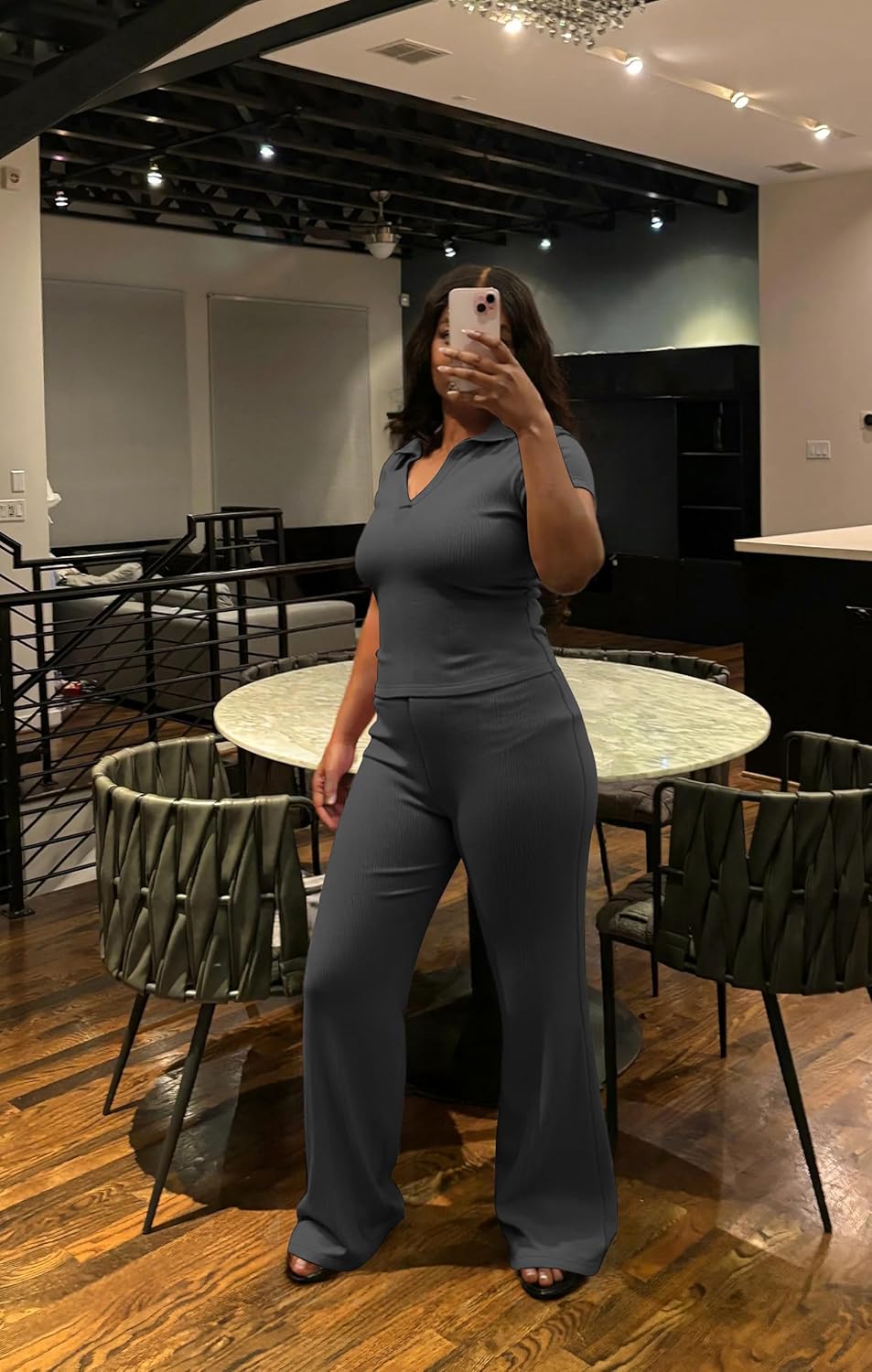 HBQ Women Two Piece Outfit Ribbed Short Sleeve V Neck Polo Top and Flare Pants Casual Lounge Sets Tracksuit