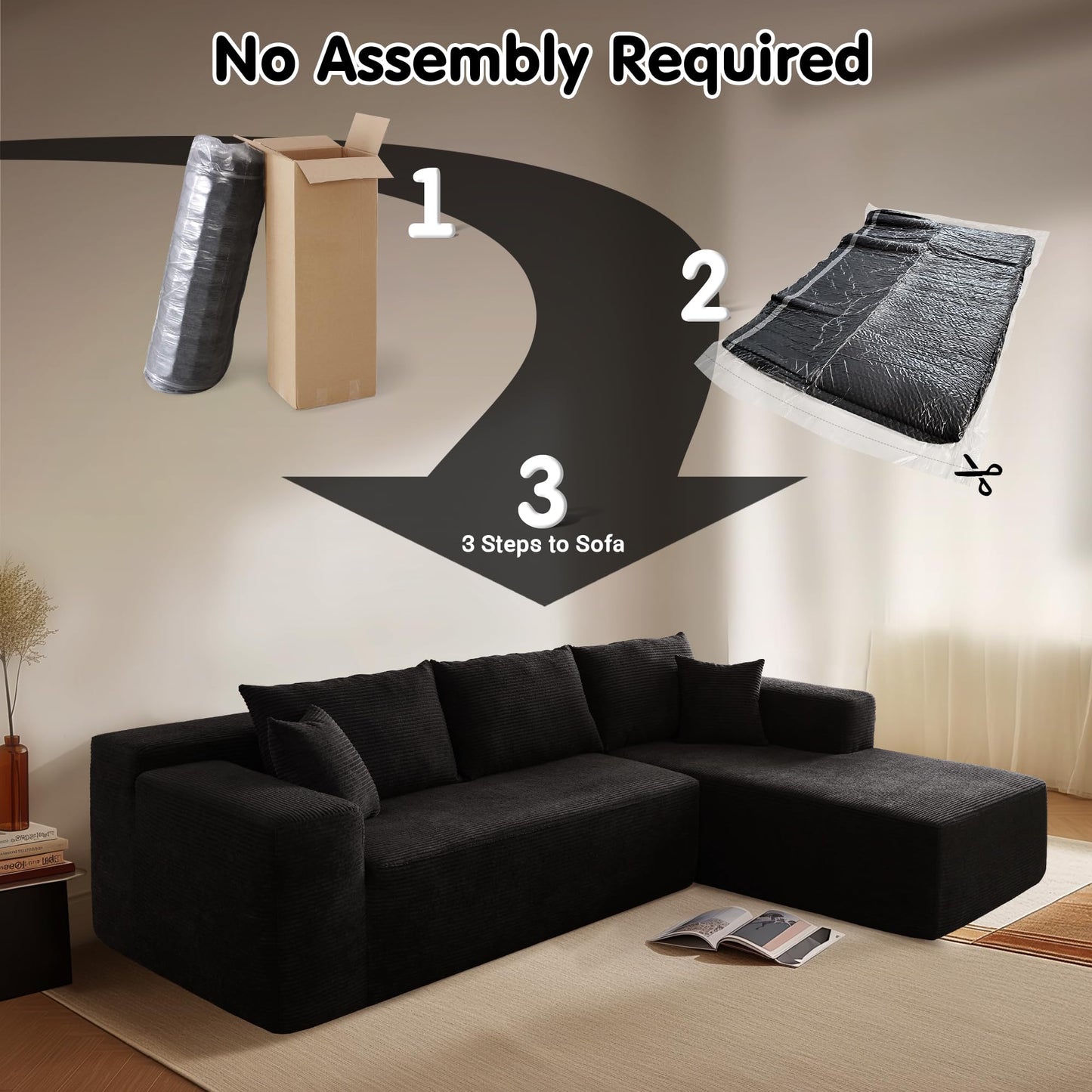 ovios 104" Cloud Sectional Couch with L-Shape Chaise,Modern Modular Sofa with Deep Seat, Upholstered Couches for Living Room Bedroom,No Assembly Required, Black (Corduroy Fabric)