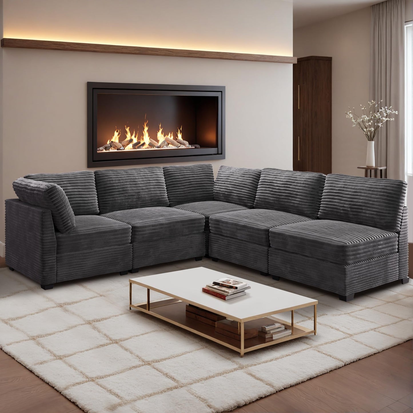 HOOOWOOO Modular Sectional Sofa,5 Pieces Sectional Couches for Living Room,98X98 L Shaped Cloud Couch Set(Grey Velvet Corduroy)