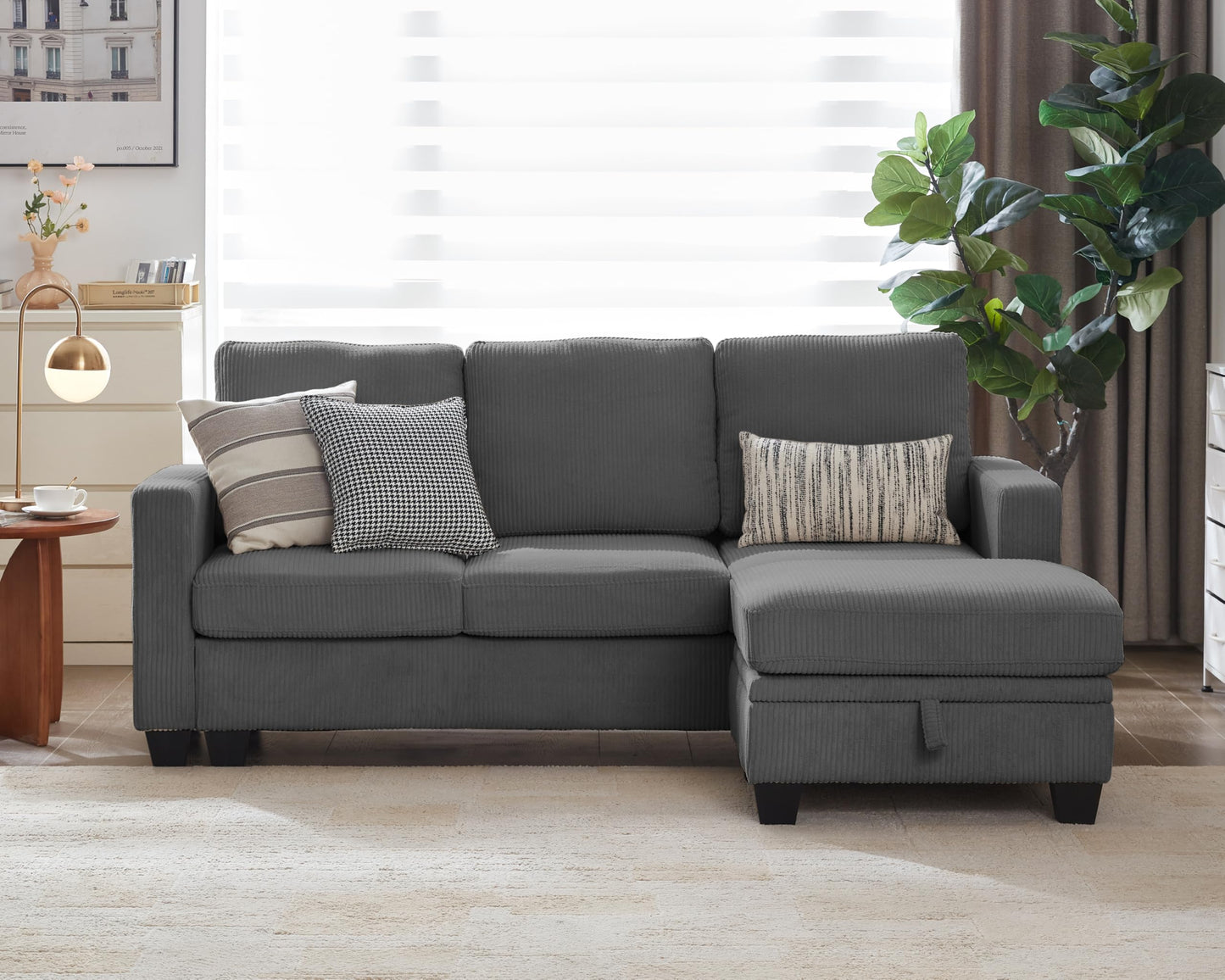 CHIC HOUSE Corduroy Modular Sectional Couch with Ottoman Chaise, L Shaped 4-seat Sofa for Living Room, Apartment, Lounge, Modern Armrest Neck Support Furniture