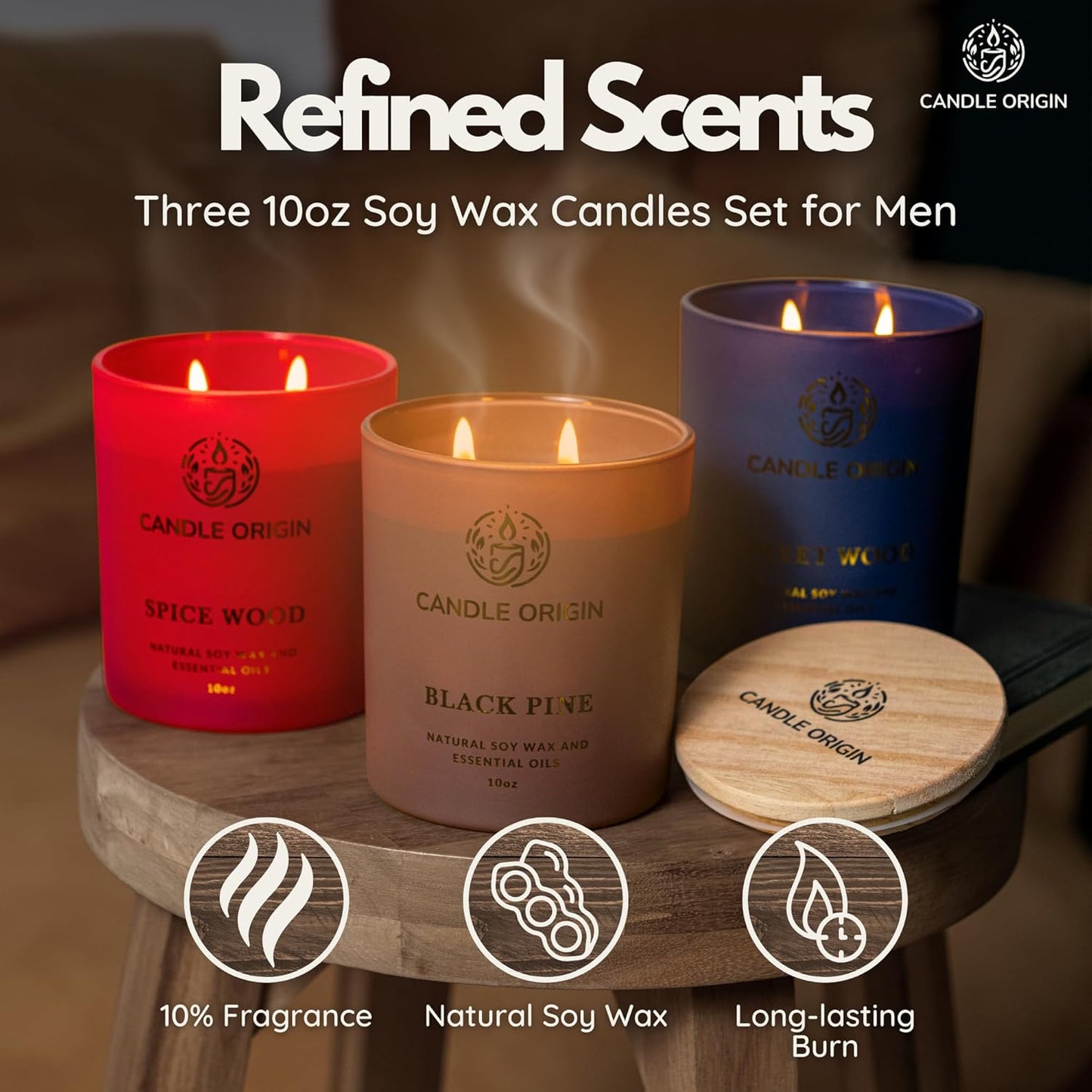 – Set of 3 10oz Each Scented Candles Premium Gift Set for Men – Aromatherapy Candles for Him – Natural Ingredients & Essential Oils – 50+HR Burn Time - Soy Wax - Clean Burning
