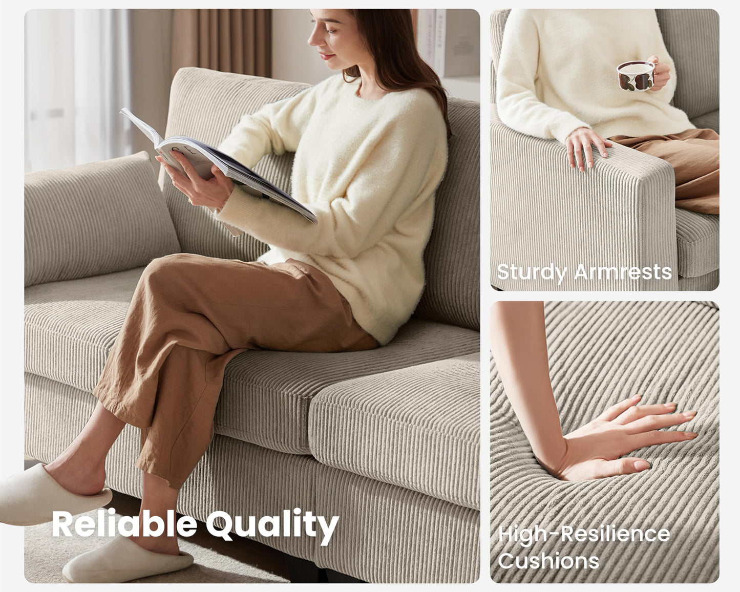 CHIC HOUSE Corduroy Modular Sectional Couch with Ottoman Chaise, L Shaped 4-seat Sofa for Living Room, Apartment, Lounge, Modern Armrest Neck Support Furniture