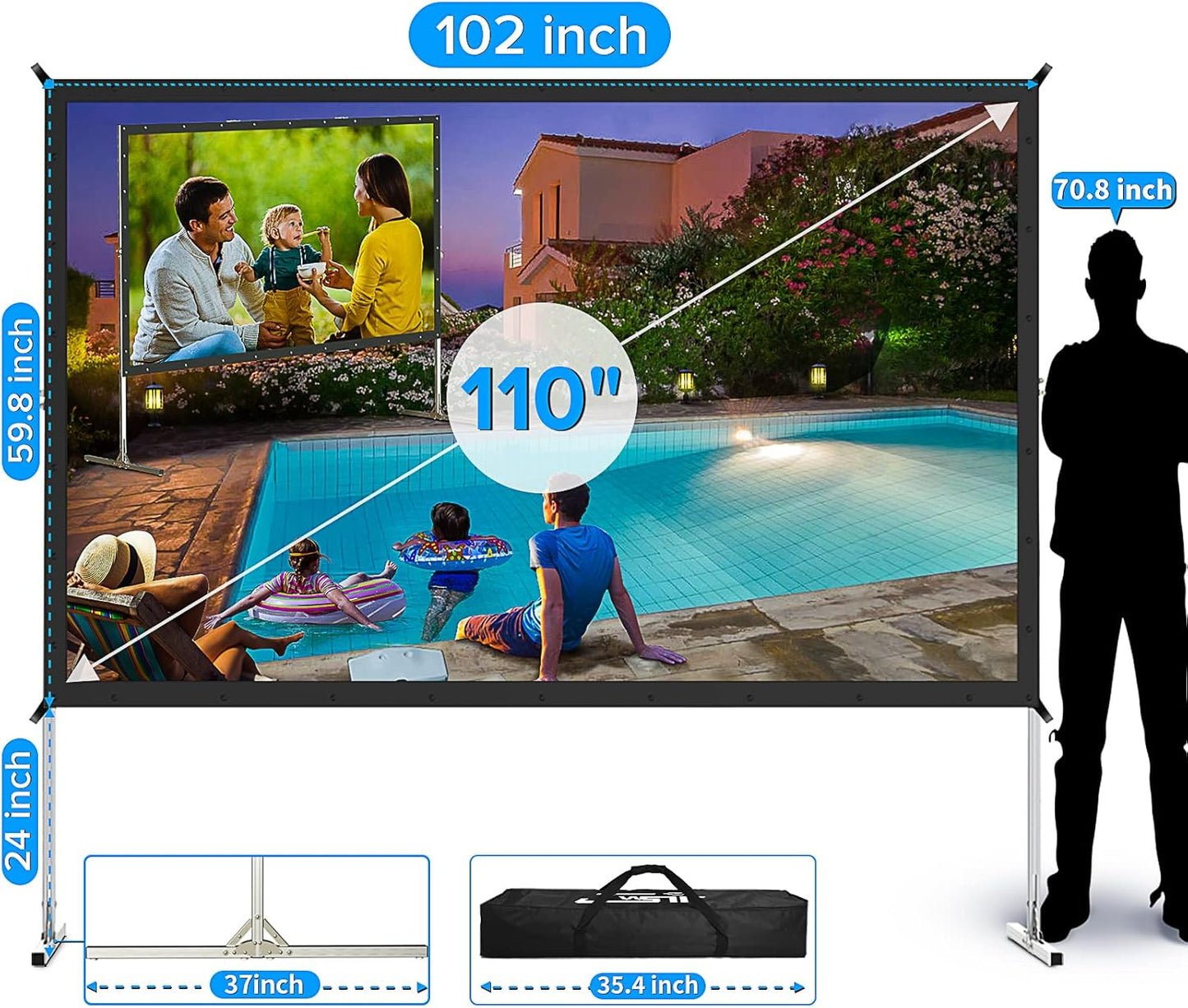 Projector Screen and Stand,JWSIT 135 inch Outdoor Movie Screen-Upgraded 3 Layers PVC 16:9 Outdoor Projector Screen,Portable Video Projection Screen with Carrying Bag for Home Theater Backyard
