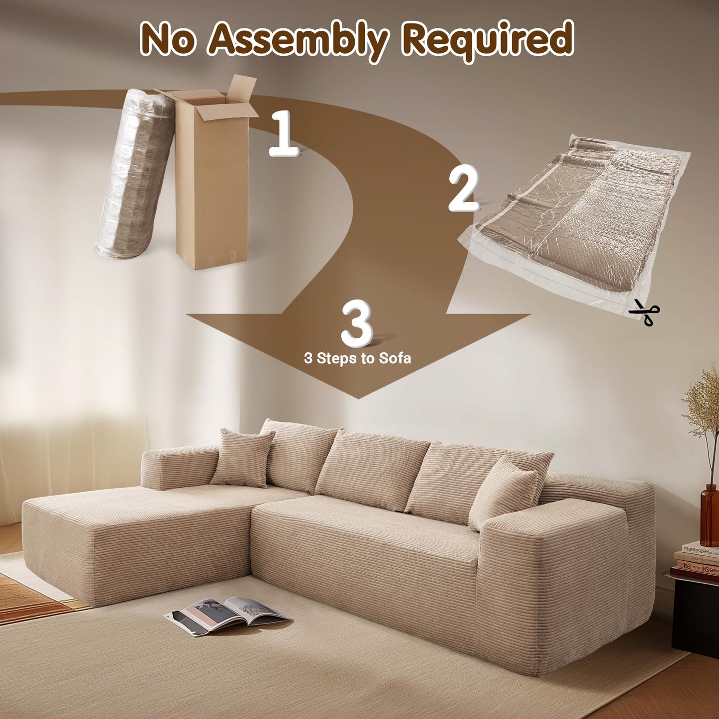 ovios 104" Cloud Sectional Couch with L-Shape Chaise,Modern Modular Sofa with Deep Seat, Upholstered Couches for Living Room Bedroom,No Assembly Required, Black (Corduroy Fabric)