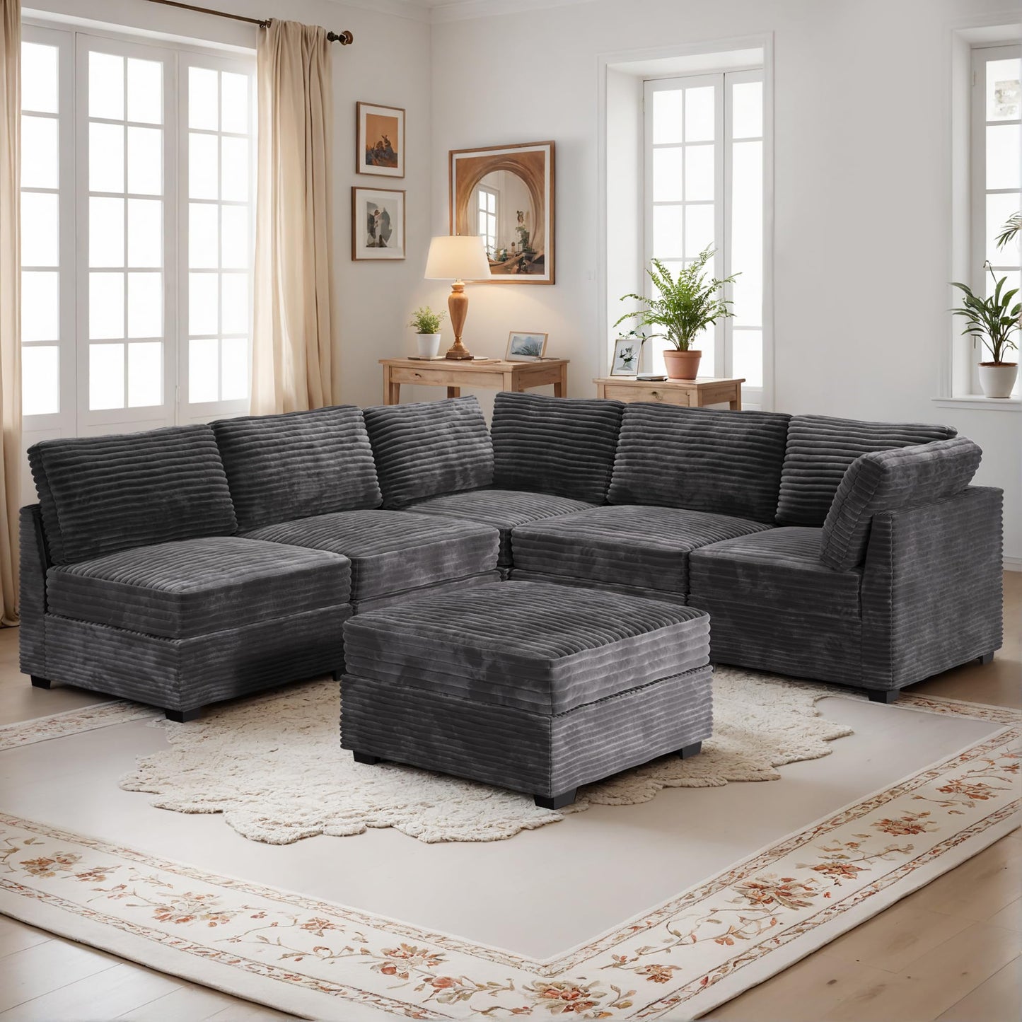 HOOOWOOO Modular Sectional Sofa,5 Pieces Sectional Couches for Living Room,98X98 L Shaped Cloud Couch Set(Grey Velvet Corduroy)