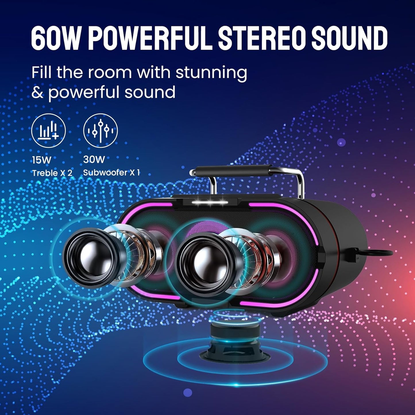 RHM K666PLUS Karaoke Machine with 2 Wireless Mics & LED Lights, Work with TV/Smartphone/Tablet via Bluetooth, 7 Hours Playtime, Support Bluetooth/AUX/USB/PC for Home Party Birthday Outdoor Camping