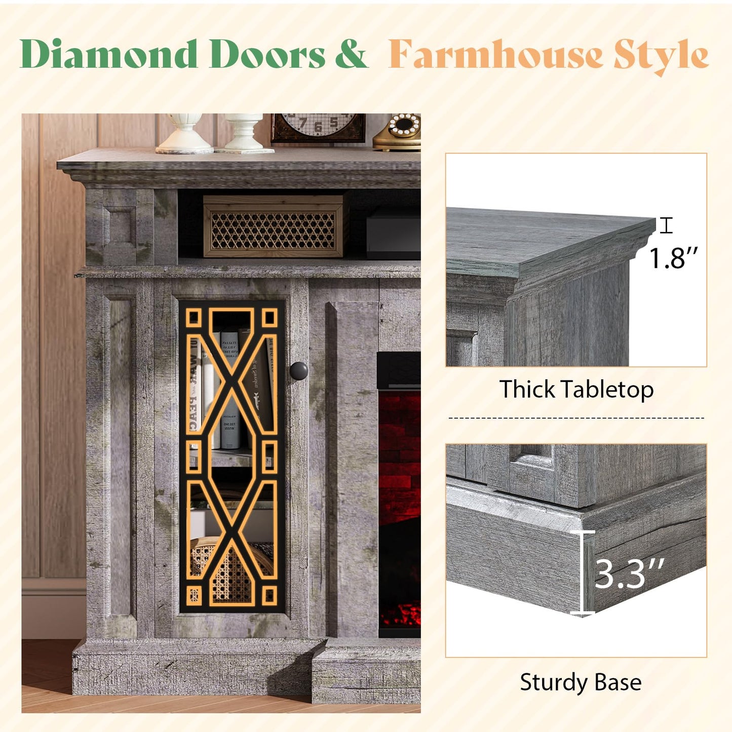 AMERLIFE 70" Farmhouse Heavy Fireplace TV Stand with 33" Electric Fireplace, for 80" TVs up, Media Entertainment Center with Diamond Door, TV Console Storage Cabinet for Living Room, White & Barnwood