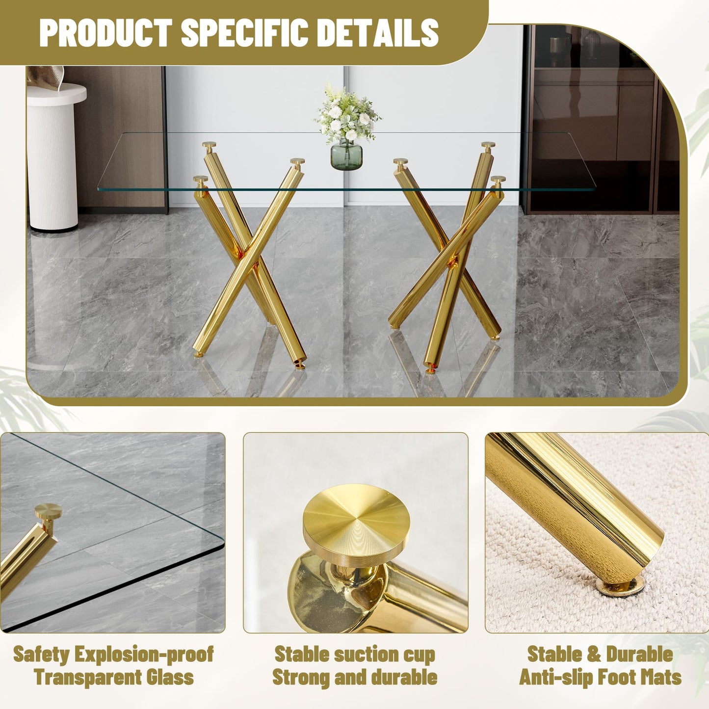 AZmac Modern Dining Table Set for 8 with Gold Metal Frame, 9-Piece Glass Dining Table with PU High Back Chairs for Kitchen Dining Room, Glass Table and 8 White Chairs