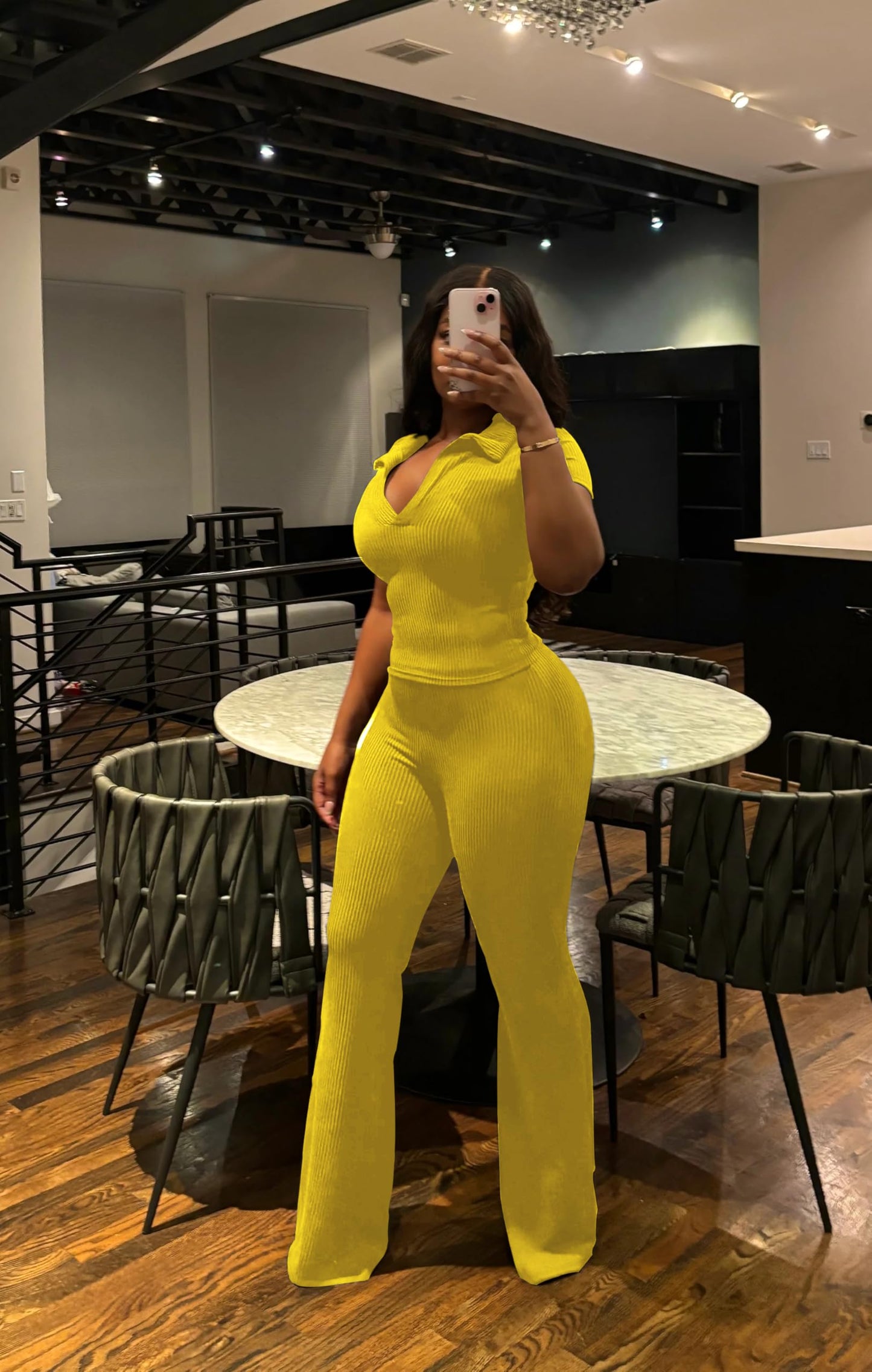 HBQ Women Two Piece Outfit Ribbed Short Sleeve V Neck Polo Top and Flare Pants Casual Lounge Sets Tracksuit