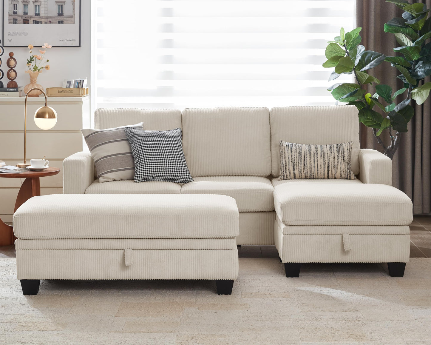 CHIC HOUSE Corduroy Modular Sectional Couch with Ottoman Chaise, L Shaped 4-seat Sofa for Living Room, Apartment, Lounge, Modern Armrest Neck Support Furniture