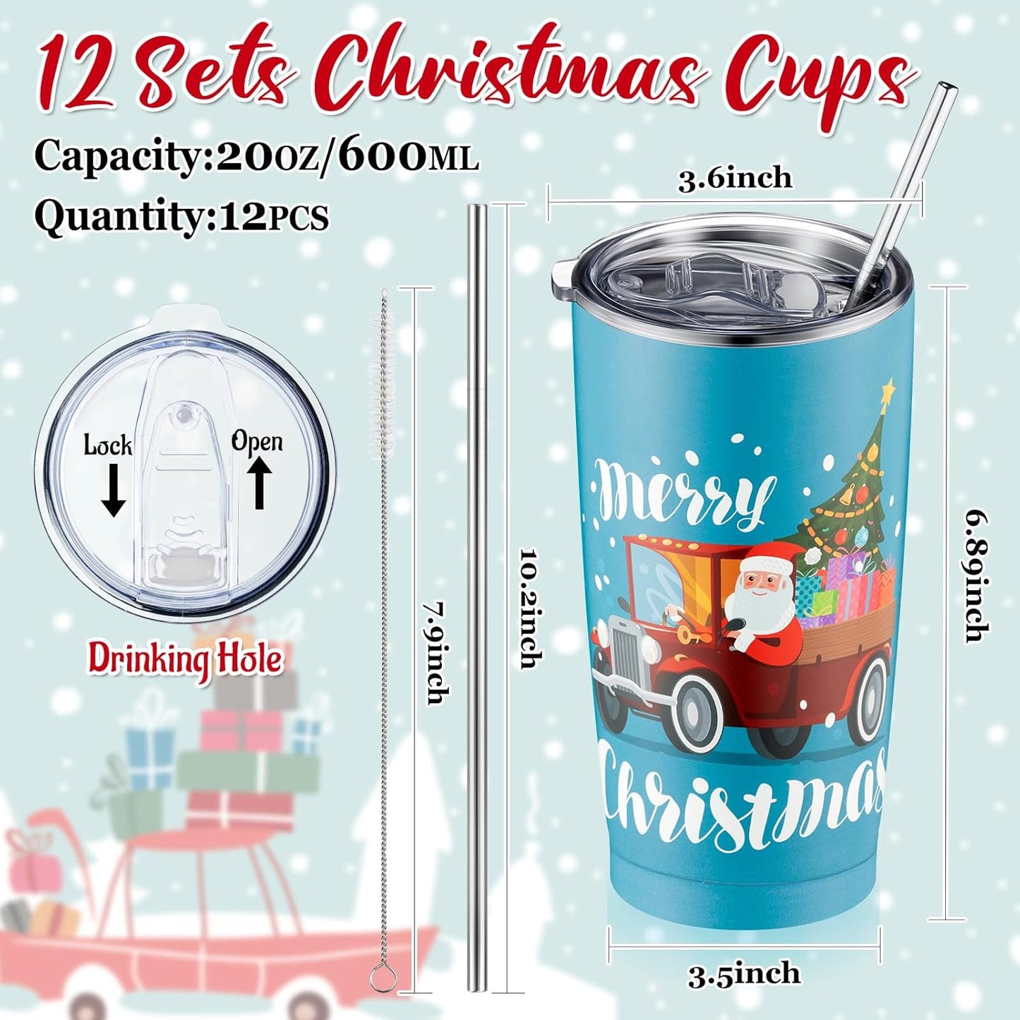 Sliner 12 Pack Christmas Stainless Steel Tumblers 20oz Christmas Insulated Tumbler Bulk with Lids and Straws Straight Double Wall Vacuum Travel Coffee Mug for Cold and Hot Drinks Xmas Party Gift