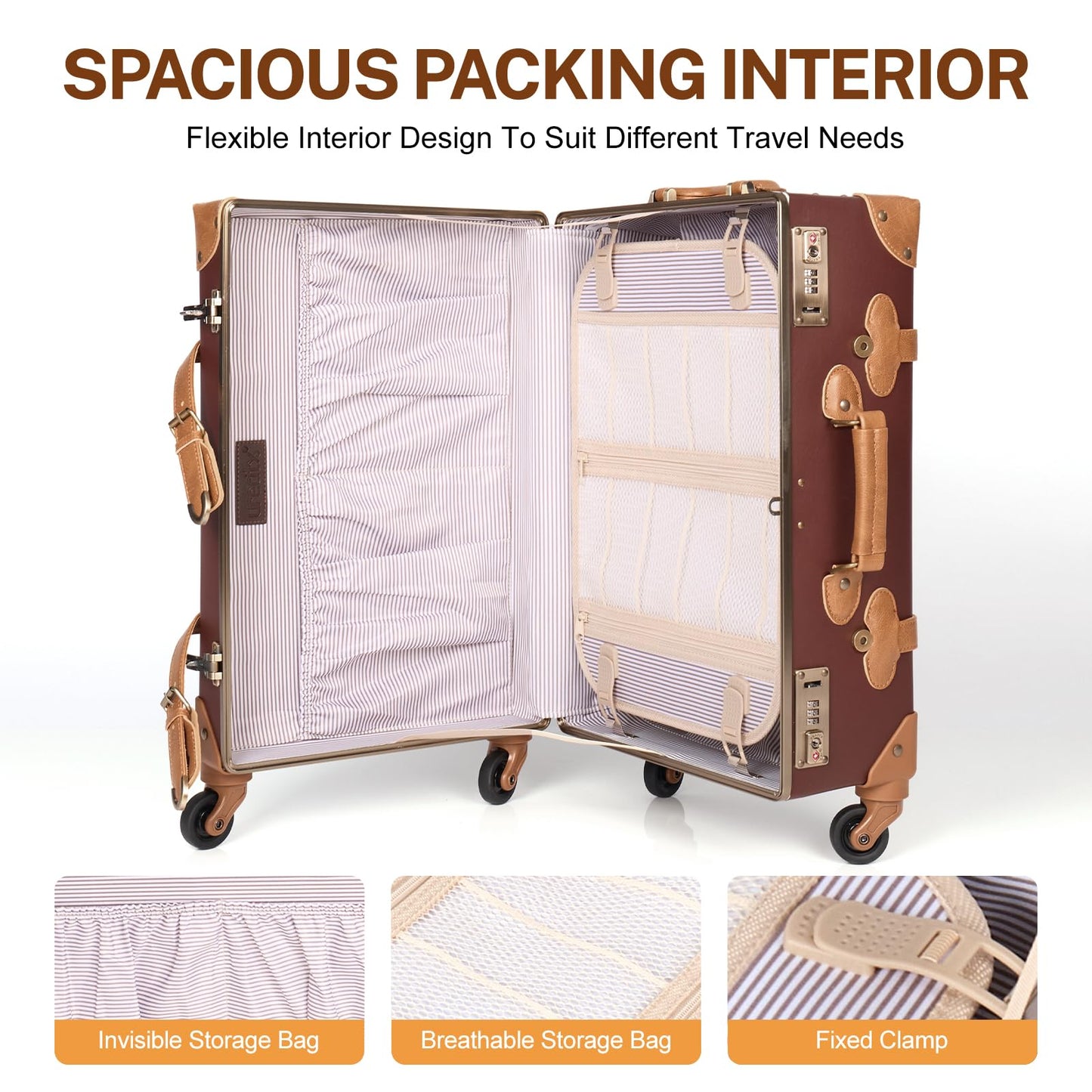 urecity Vintage Luggage Sets of 3 Piece - Hardside Lightweight Spinner Suitcases - Retro Travel Set includes Under Seat Train Case, 26"+20"+12"