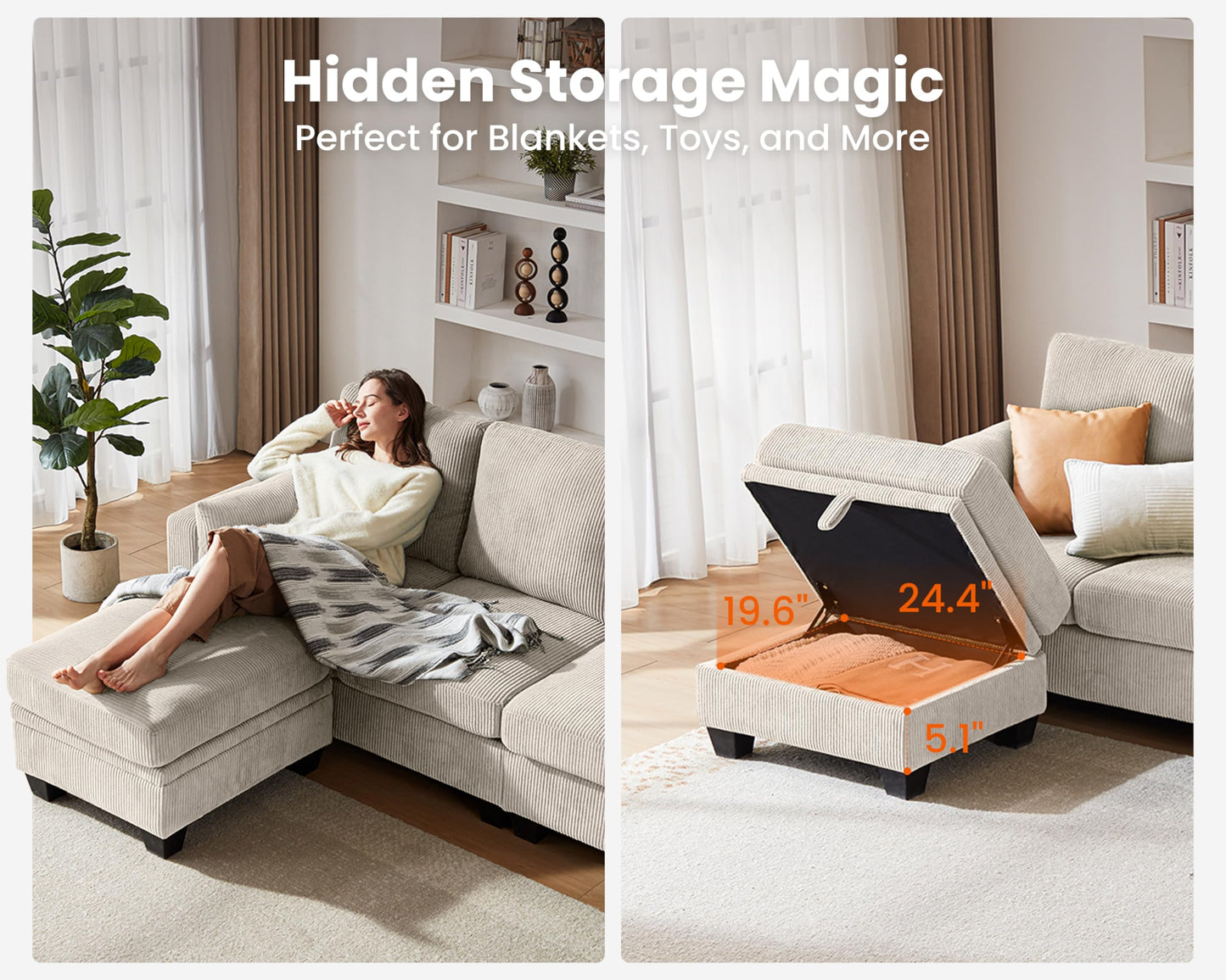 CHIC HOUSE Corduroy Modular Sectional Couch with Ottoman Chaise, L Shaped 4-seat Sofa for Living Room, Apartment, Lounge, Modern Armrest Neck Support Furniture