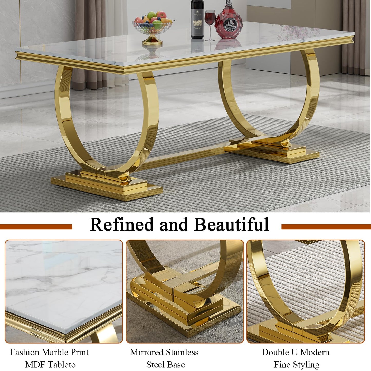 HomVent 70" Faux Marble Dining Table Set for 6, Rectangular Marble Top Kitchen Table Set, Kitchen & Dining Room Sets, Dining Table and Dining Chair