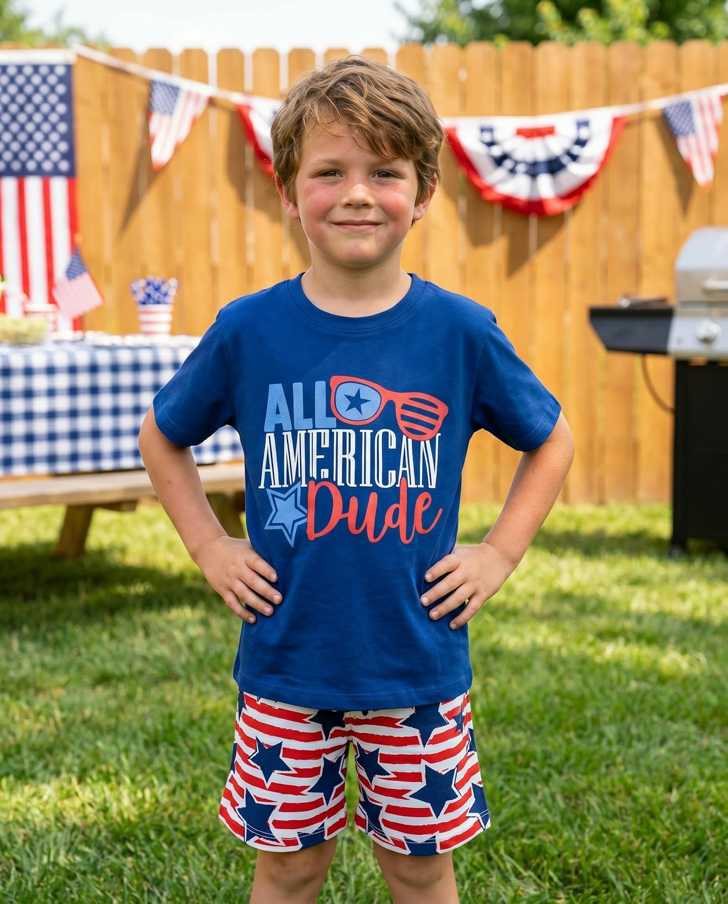 Boys 2pc Shorts Set Outfit Short Sleeve Shirt with Bold Applique Print and Shorts