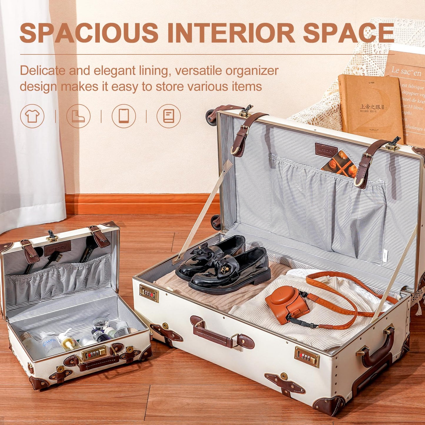 urecity Vintage Luggage Sets of 3 Piece - Hardside Lightweight Spinner Suitcases - Retro Travel Set includes Under Seat Train Case, 26"+20"+12"