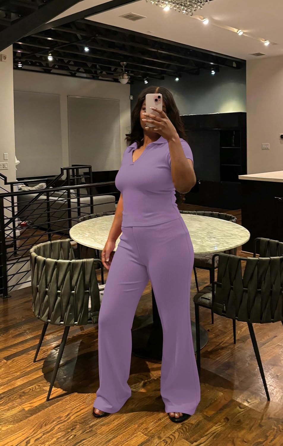 HBQ Women Two Piece Outfit Ribbed Short Sleeve V Neck Polo Top and Flare Pants Casual Lounge Sets Tracksuit