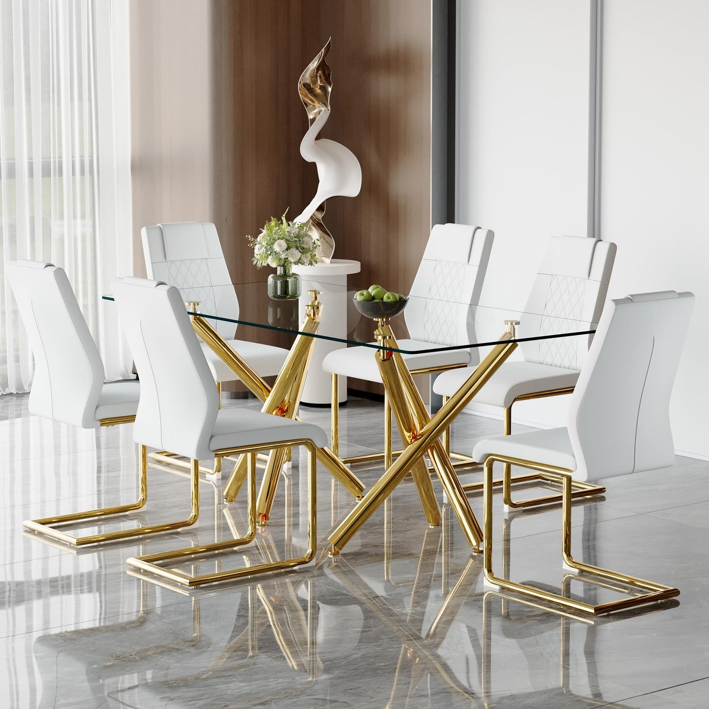 AZmac Modern Dining Table Set for 8 with Gold Metal Frame, 9-Piece Glass Dining Table with PU High Back Chairs for Kitchen Dining Room, Glass Table and 8 White Chairs