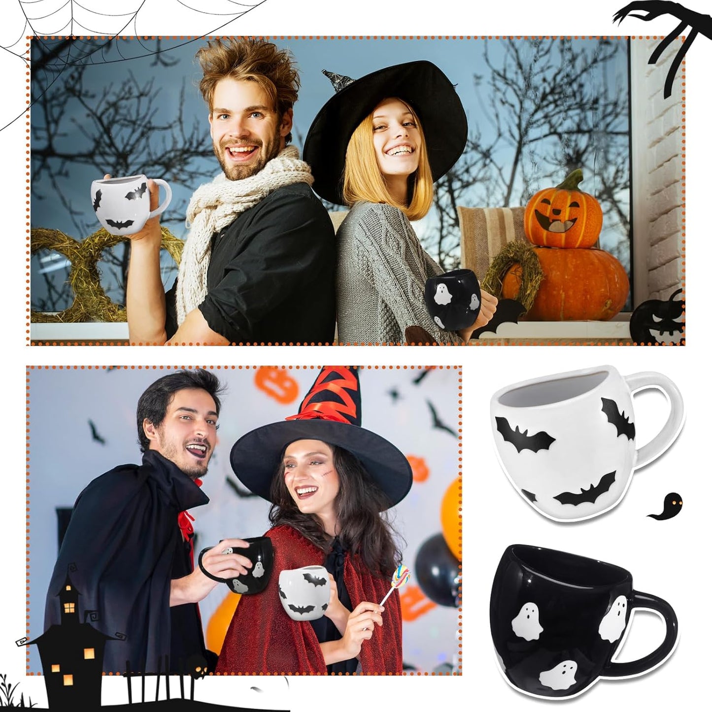2 Pack Halloween Coffee Mug 14 oz Ceramic Ghost Bat Mug Black White Ghost Bat Drinking Cups Cute Holiday Cup Sets for Halloween Party Table Centerpieces Housewarming Gift