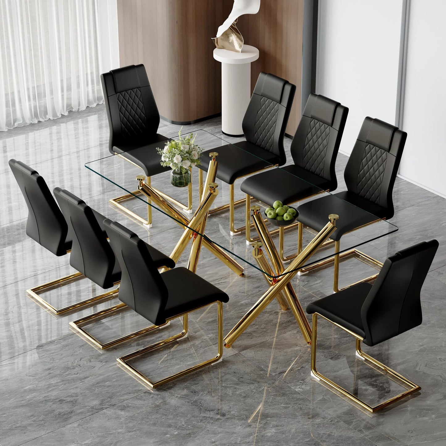 AZmac Modern Dining Table Set for 8 with Gold Metal Frame, 9-Piece Glass Dining Table with PU High Back Chairs for Kitchen Dining Room, Glass Table and 8 White Chairs