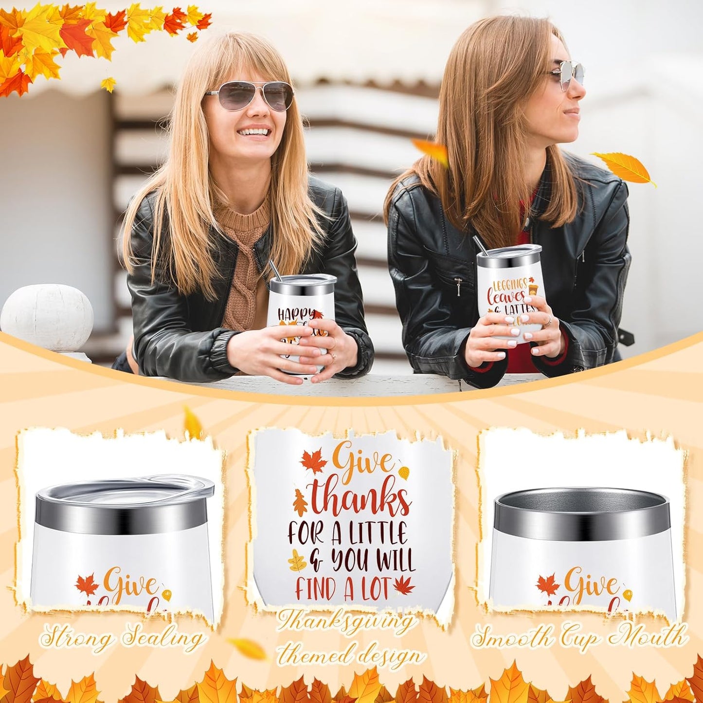 10 Pcs Thanksgiving Fall Tumbler with Lid and Straw Happy Fall Gift 12 oz Pumpkin Coffee Mug Wine Tumbler Maple Leaves Autumn Travel Mug Stainless Steel Insulated for Thanksgiving Party Favor