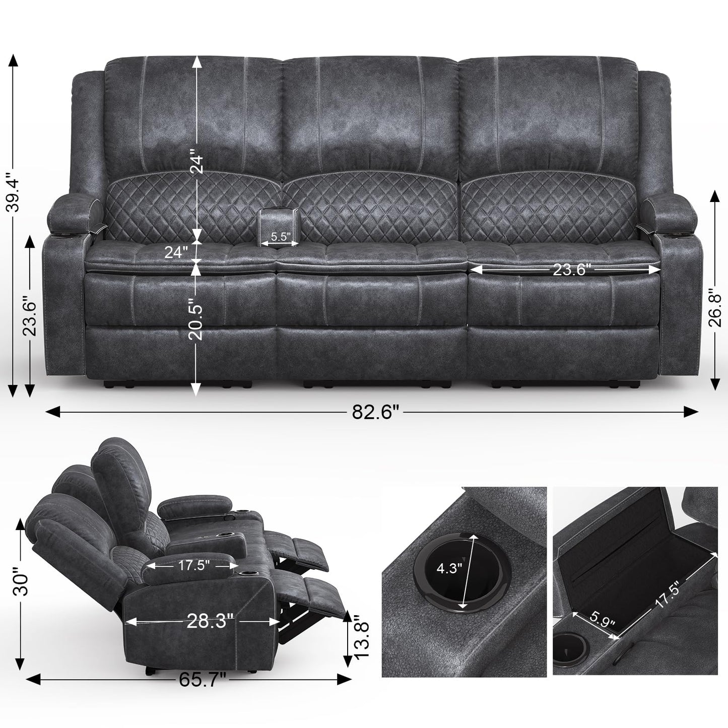 3 Seater Recliner Sofa Set with 2-Tier Cushion, 3+1+1 Pieces in Living Room, 3 Seater Reclining Couch Dutch Velvet with Removable Console, 2 Oversize Recliner Chair Sofa Seat - Grey