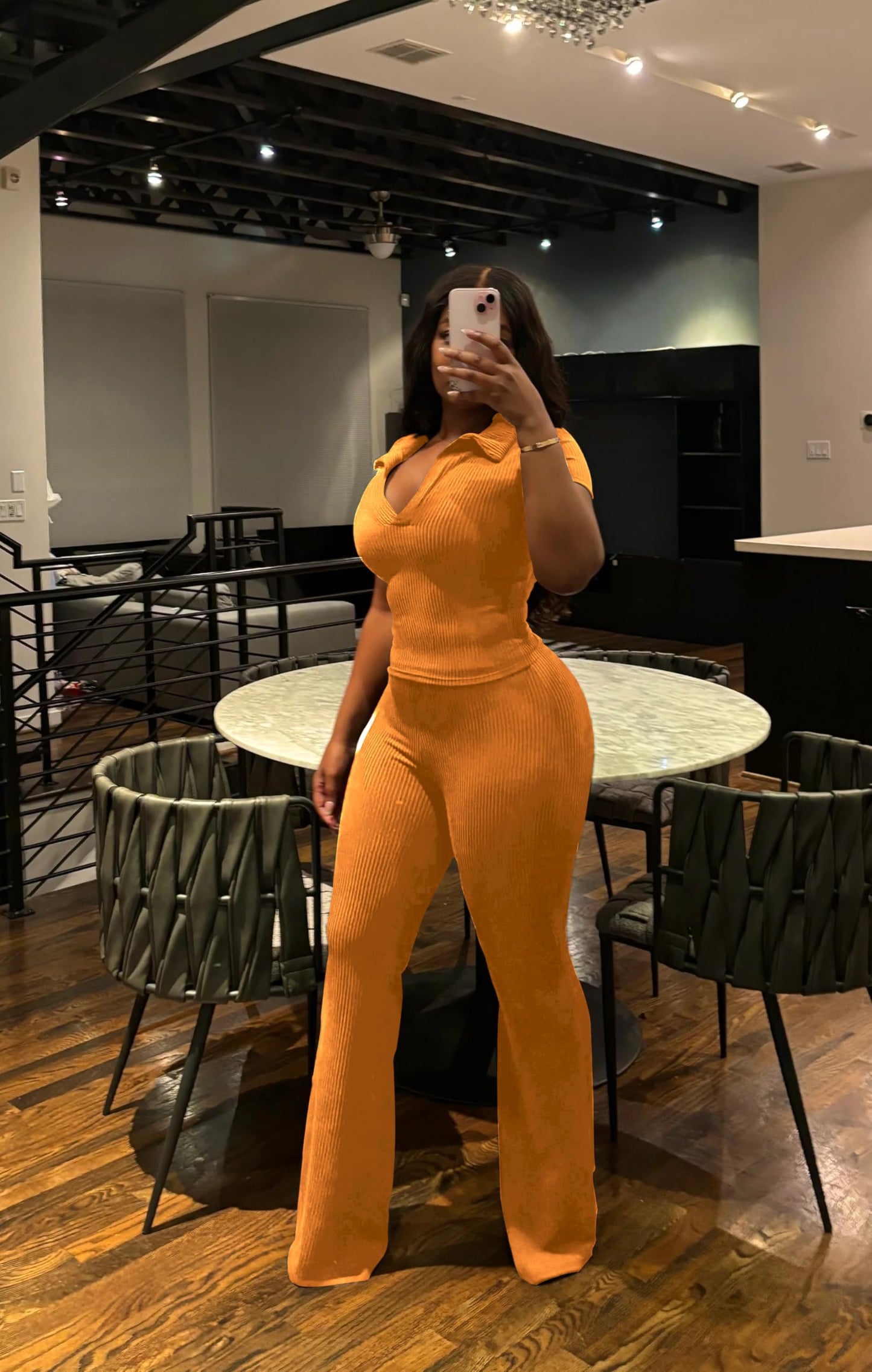 HBQ Women Two Piece Outfit Ribbed Short Sleeve V Neck Polo Top and Flare Pants Casual Lounge Sets Tracksuit