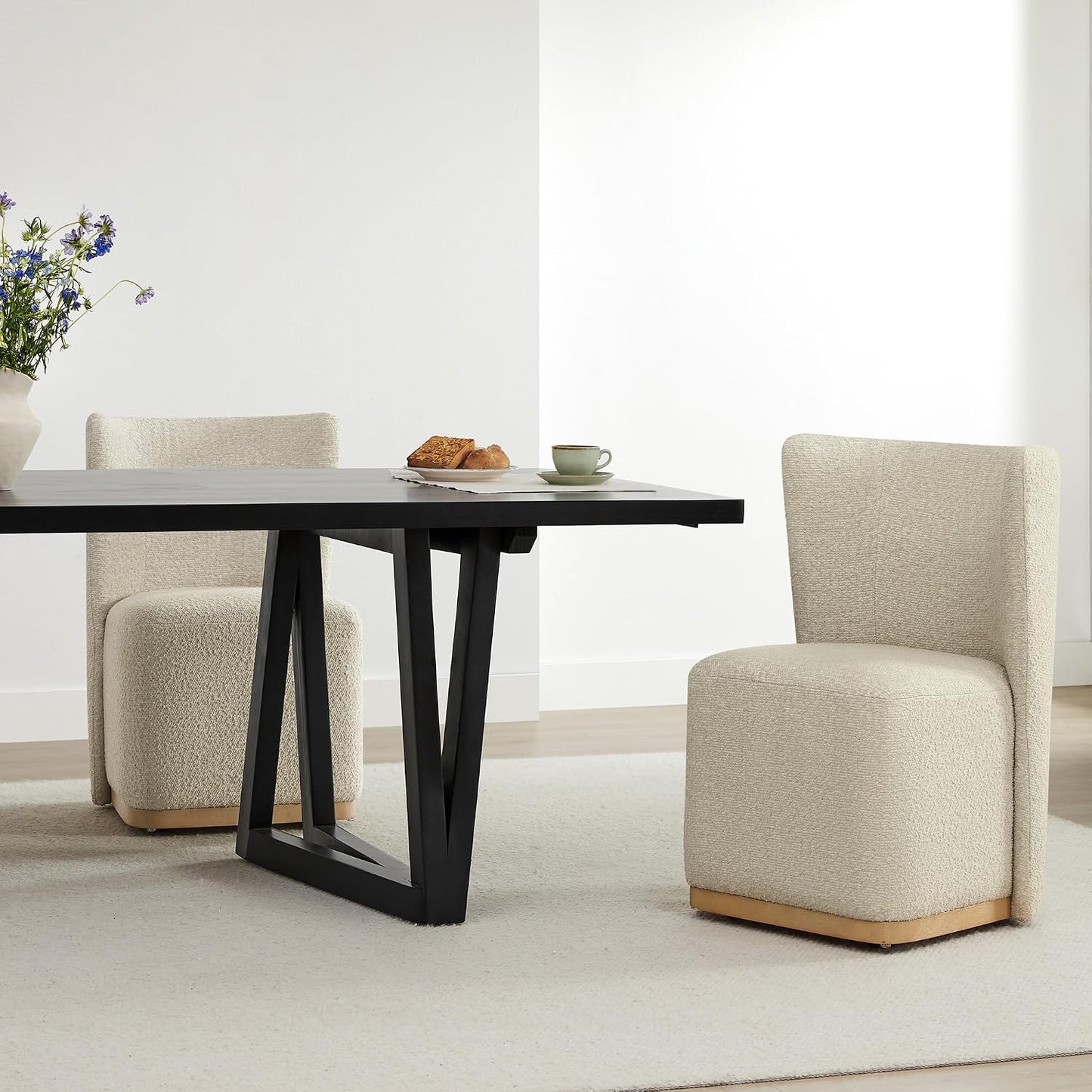 CHITA Upholstered Rolling Dining Chair with Casters Set of 2, Oatmeal | FSC Certified Modern Fabric Dining Chair with Casters, Boucle Dining Chairs for Reading Room Kitchen Dining Room