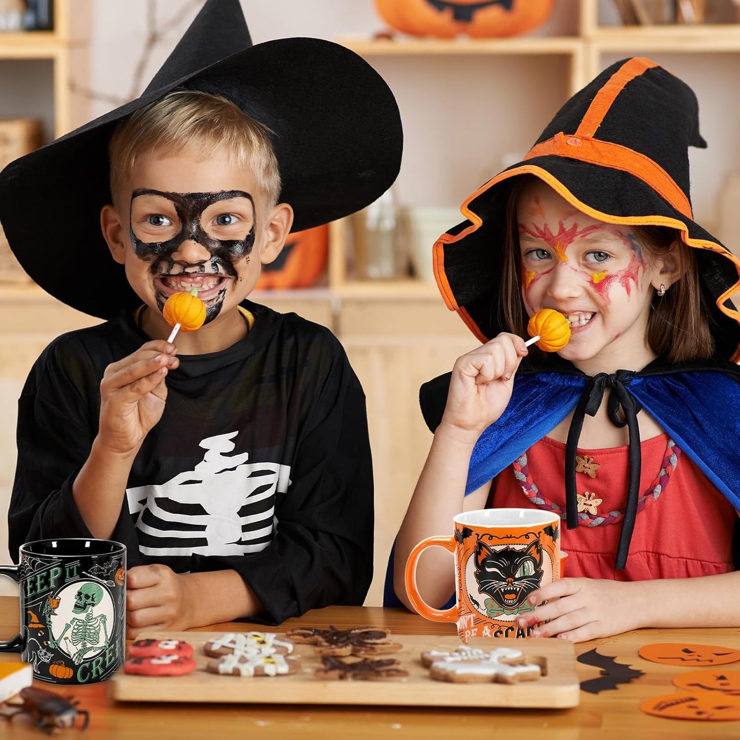 4Pcs Halloween Mugs Pumpkin Black Cat Ghost Skeleton Coffee Mug Orange Black Ceramic Drinking Cup for Halloween Party Table Centerpieces, 12oz