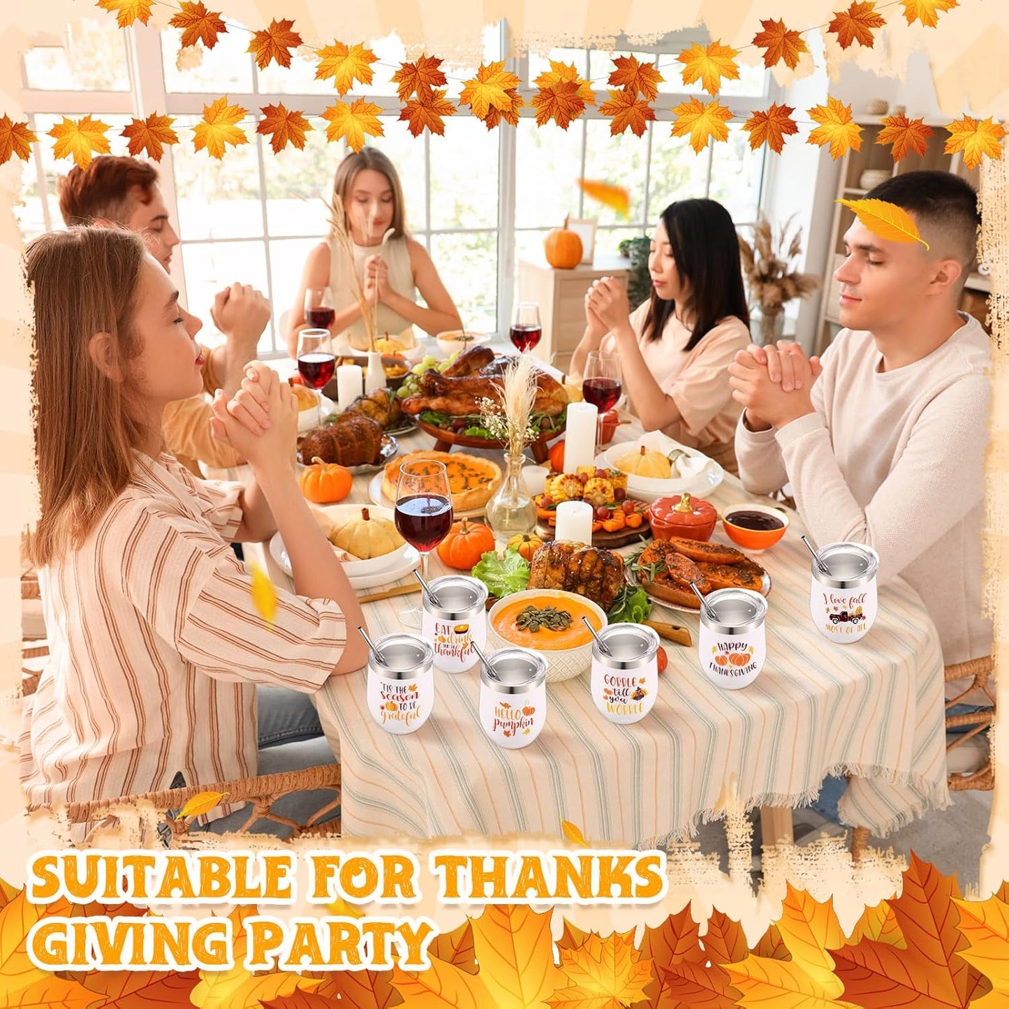 10 Pcs Thanksgiving Fall Tumbler with Lid and Straw Happy Fall Gift 12 oz Pumpkin Coffee Mug Wine Tumbler Maple Leaves Autumn Travel Mug Stainless Steel Insulated for Thanksgiving Party Favor