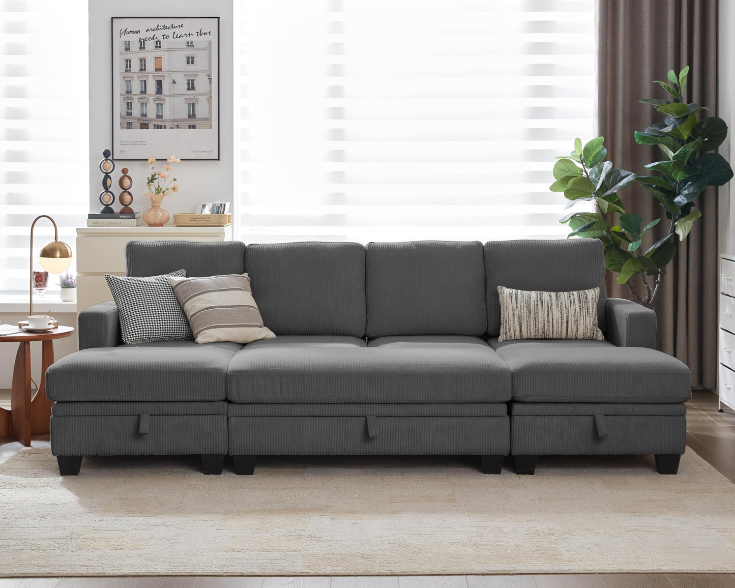 CHIC HOUSE Corduroy Modular Sectional Couch with Ottoman Chaise, L Shaped 4-seat Sofa for Living Room, Apartment, Lounge, Modern Armrest Neck Support Furniture