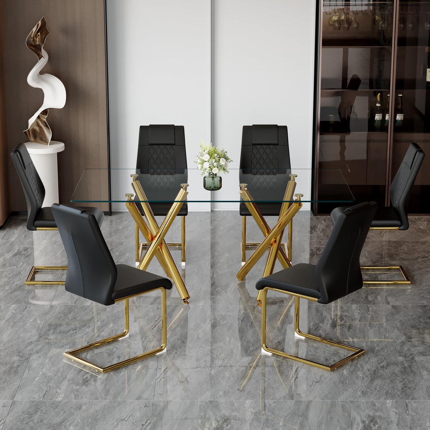 AZmac Modern Dining Table Set for 8 with Gold Metal Frame, 9-Piece Glass Dining Table with PU High Back Chairs for Kitchen Dining Room, Glass Table and 8 White Chairs