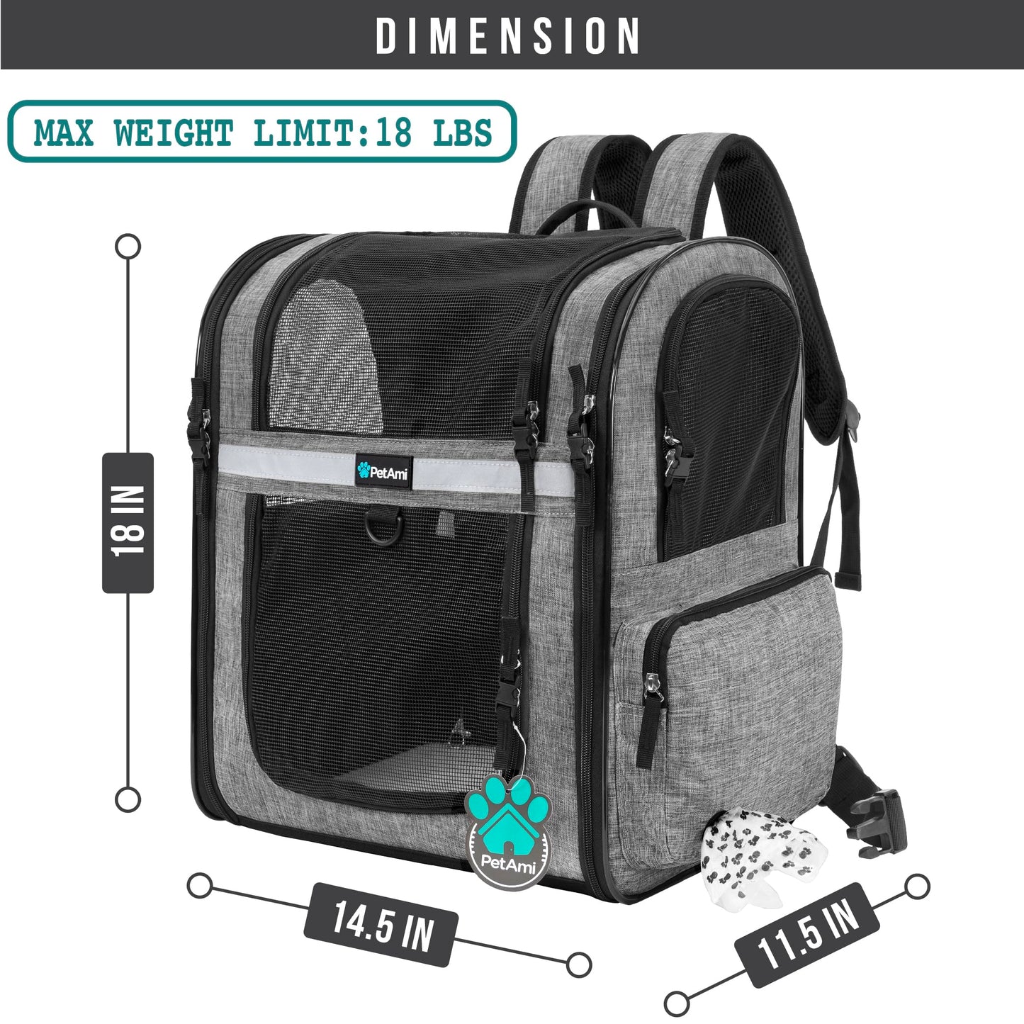 PetAmi Dog and  Cat Backpack Carrier for Cats, 4-Way Entry Ventilated, 18lbs Max | Sherpa Bed Included, Foldable Load-In Top, Safety Reflective Strap, Breathable Mesh, Poop Bag Dispenser, Padded Back Support
