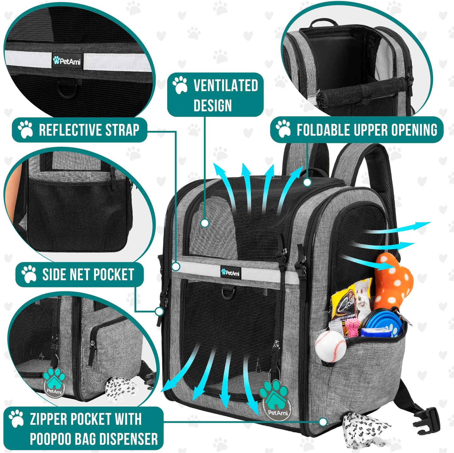 PetAmi Dog and  Cat Backpack Carrier for Cats, 4-Way Entry Ventilated, 18lbs Max | Sherpa Bed Included, Foldable Load-In Top, Safety Reflective Strap, Breathable Mesh, Poop Bag Dispenser, Padded Back Support