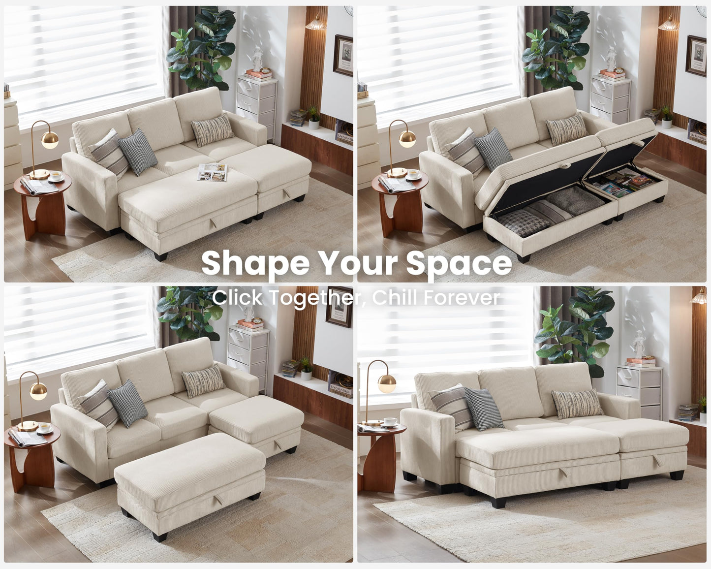 CHIC HOUSE Corduroy Modular Sectional Couch with Ottoman Chaise, L Shaped 4-seat Sofa for Living Room, Apartment, Lounge, Modern Armrest Neck Support Furniture