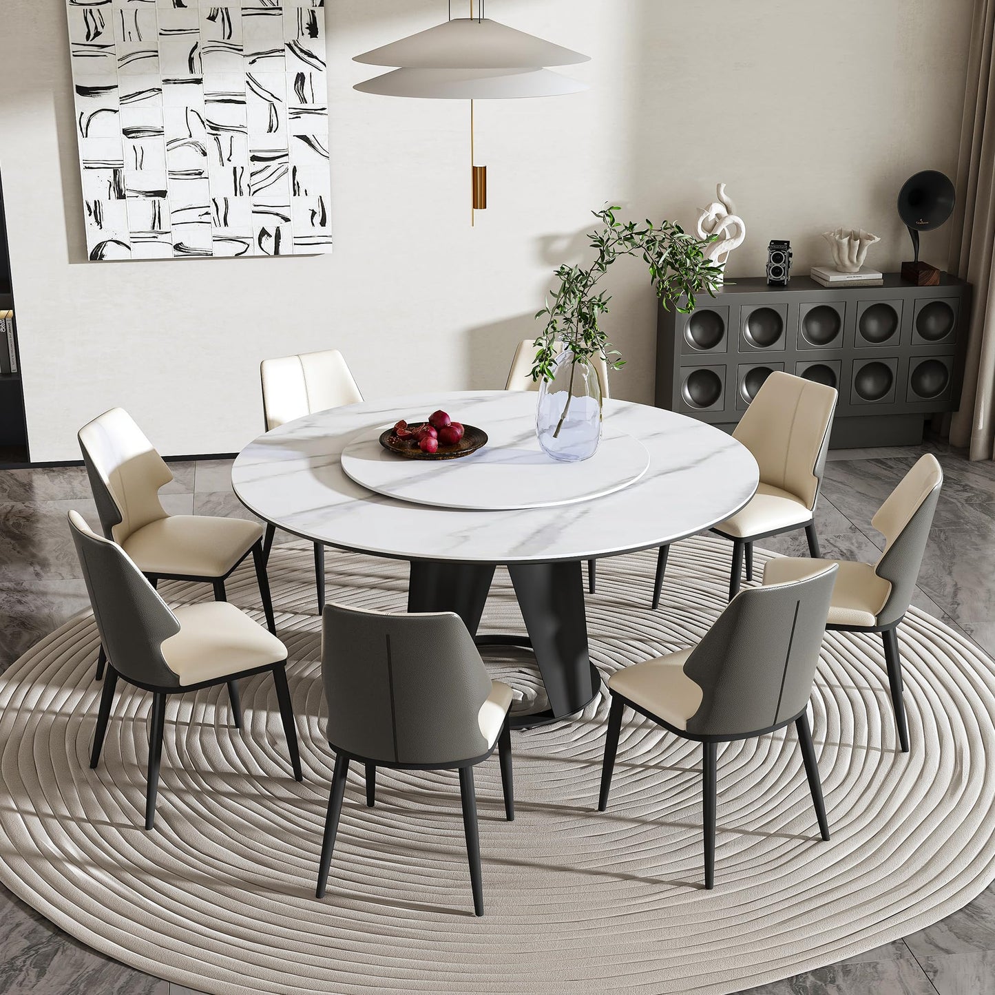 59" Round Dining Table Set for 8 with Lazy Susan Modern Sintered Stone 9 Pieces Dining Room Table Set with 8 Chairs and 31.5" Round Turntable