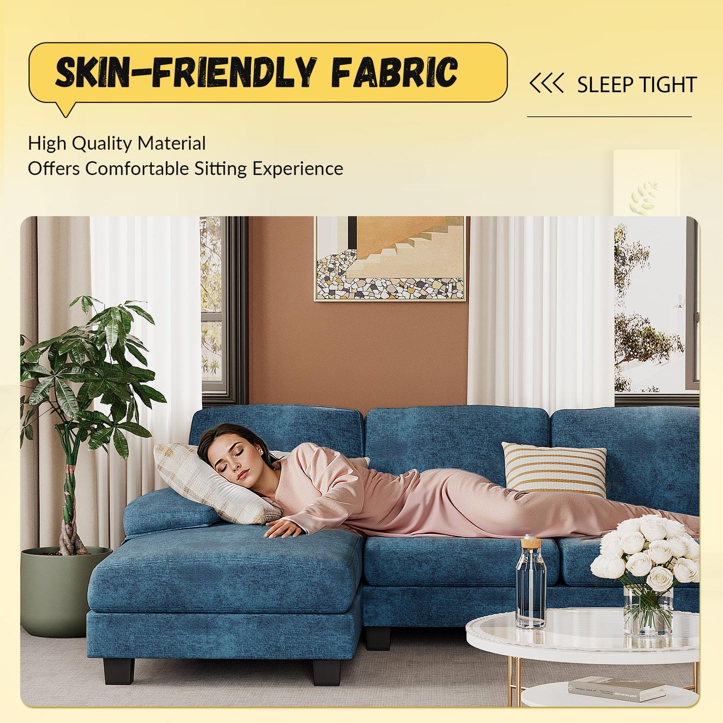 JUMMICO Sectional Couches for Living Room, U Shaped Couch with Chenille Fabric, 4 Seat Modern Sofa with Removable Pillows for Apartment and Small Space (Corduroy, Beige)