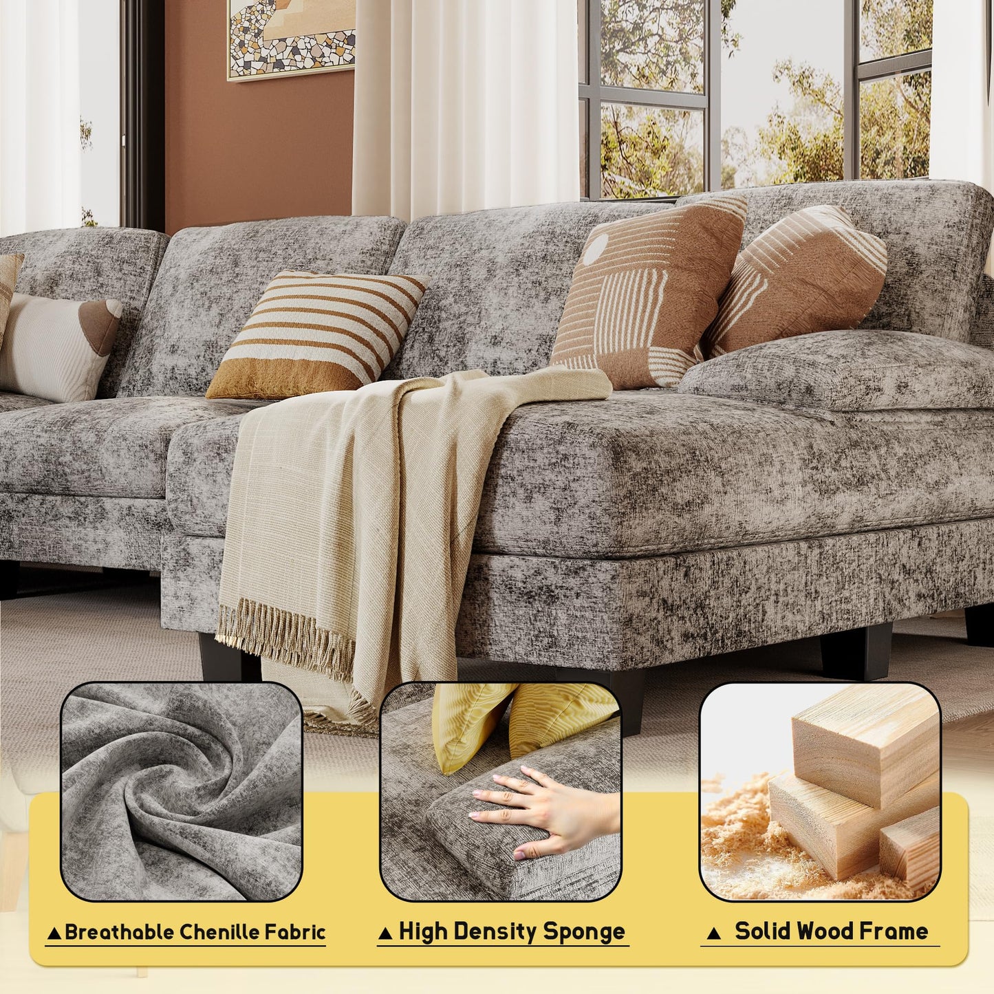 JUMMICO Sectional Couches for Living Room, U Shaped Couch with Chenille Fabric, 4 Seat Modern Sofa with Removable Pillows for Apartment and Small Space (Corduroy, Beige)