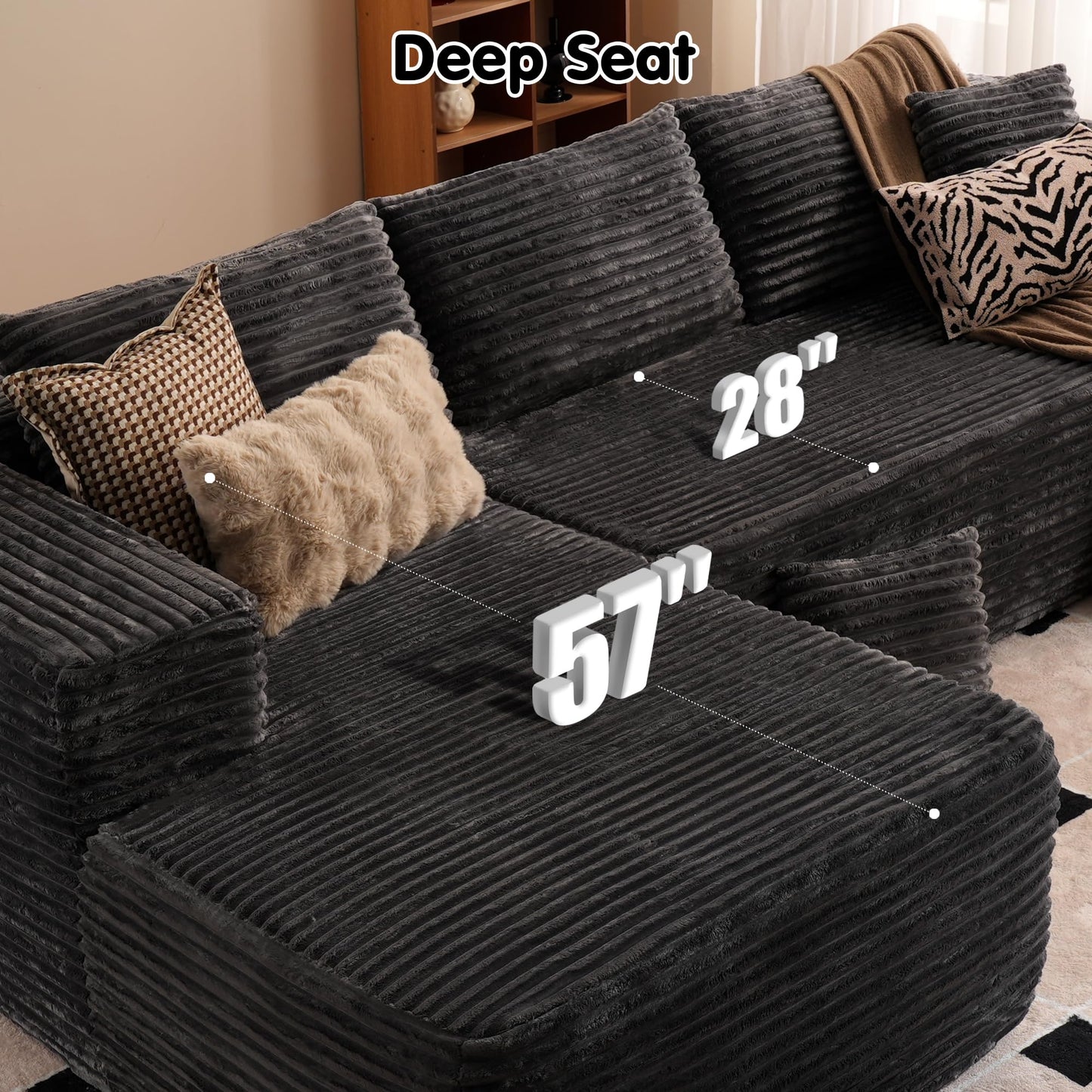 ovios 104" Cloud Sectional Couch with L-Shape Chaise,Modern Modular Sofa with Deep Seat, Upholstered Couches for Living Room Bedroom,No Assembly Required, Black (Corduroy Fabric)