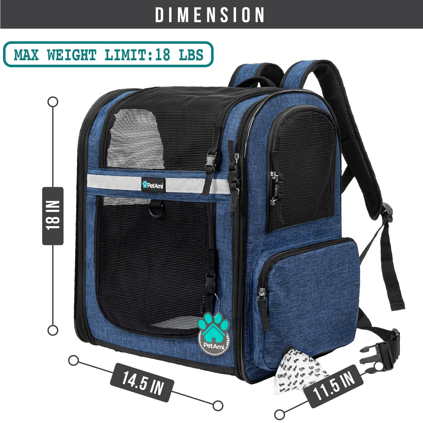 PetAmi Dog and  Cat Backpack Carrier for Cats, 4-Way Entry Ventilated, 18lbs Max | Sherpa Bed Included, Foldable Load-In Top, Safety Reflective Strap, Breathable Mesh, Poop Bag Dispenser, Padded Back Support