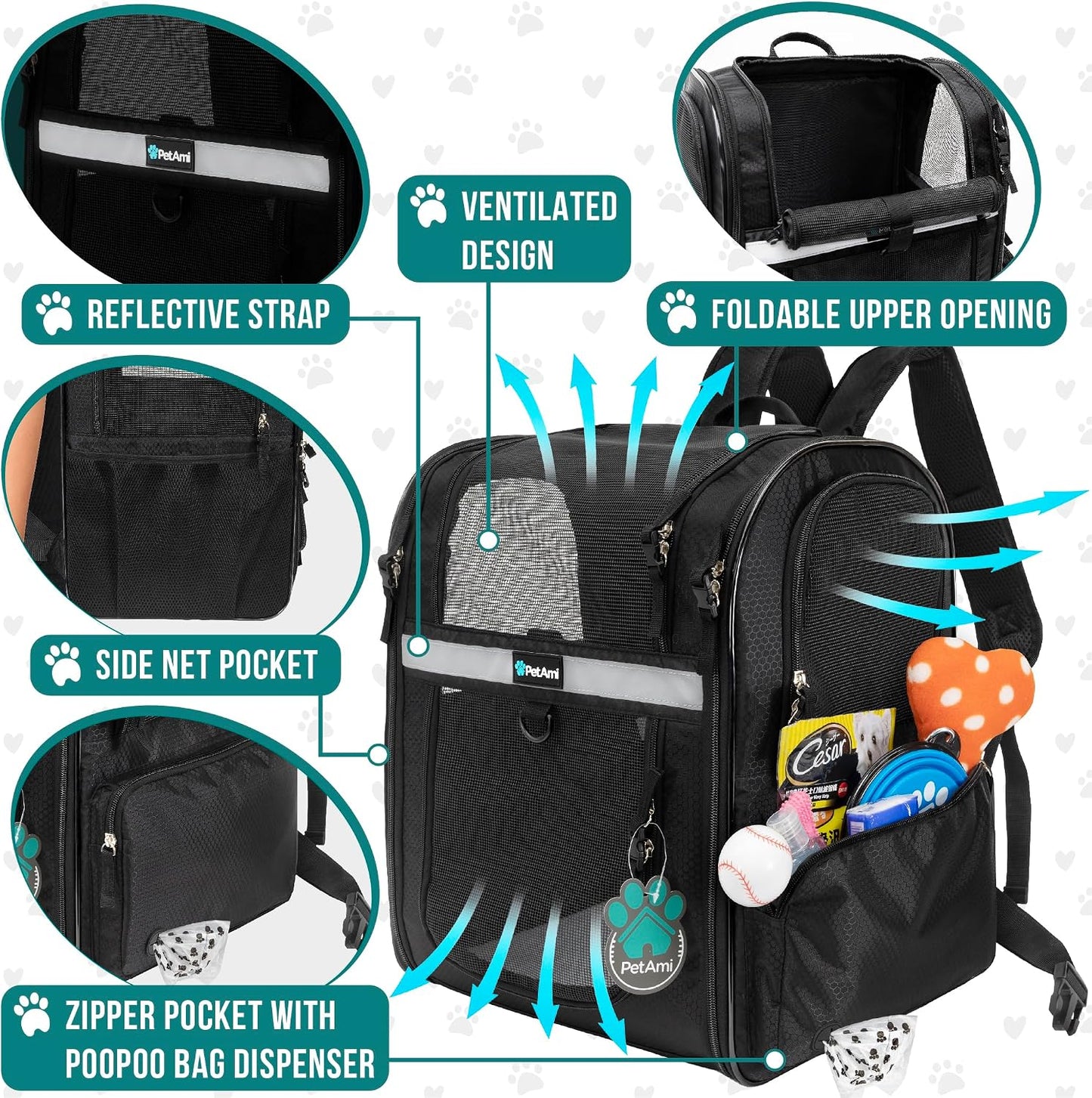 PetAmi Dog and  Cat Backpack Carrier for Cats, 4-Way Entry Ventilated, 18lbs Max | Sherpa Bed Included, Foldable Load-In Top, Safety Reflective Strap, Breathable Mesh, Poop Bag Dispenser, Padded Back Support
