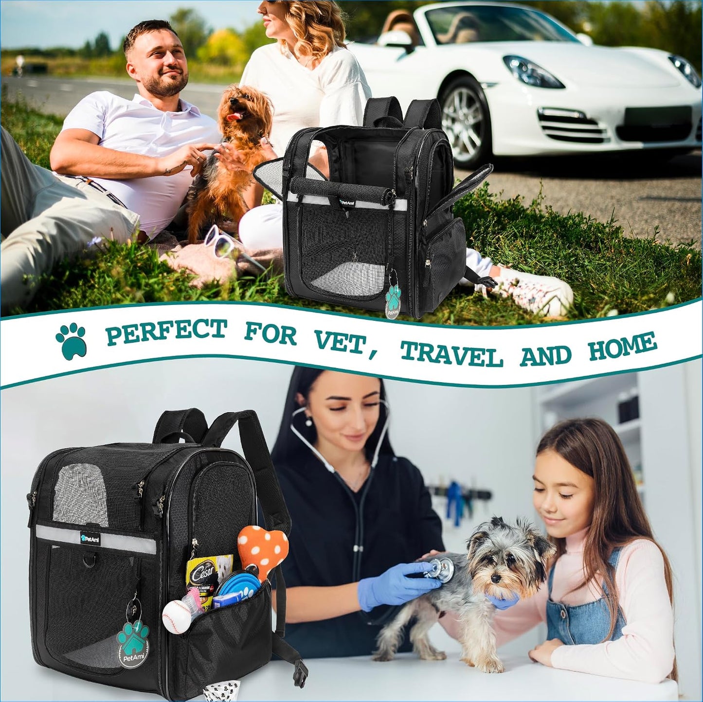 PetAmi Dog and  Cat Backpack Carrier for Cats, 4-Way Entry Ventilated, 18lbs Max | Sherpa Bed Included, Foldable Load-In Top, Safety Reflective Strap, Breathable Mesh, Poop Bag Dispenser, Padded Back Support