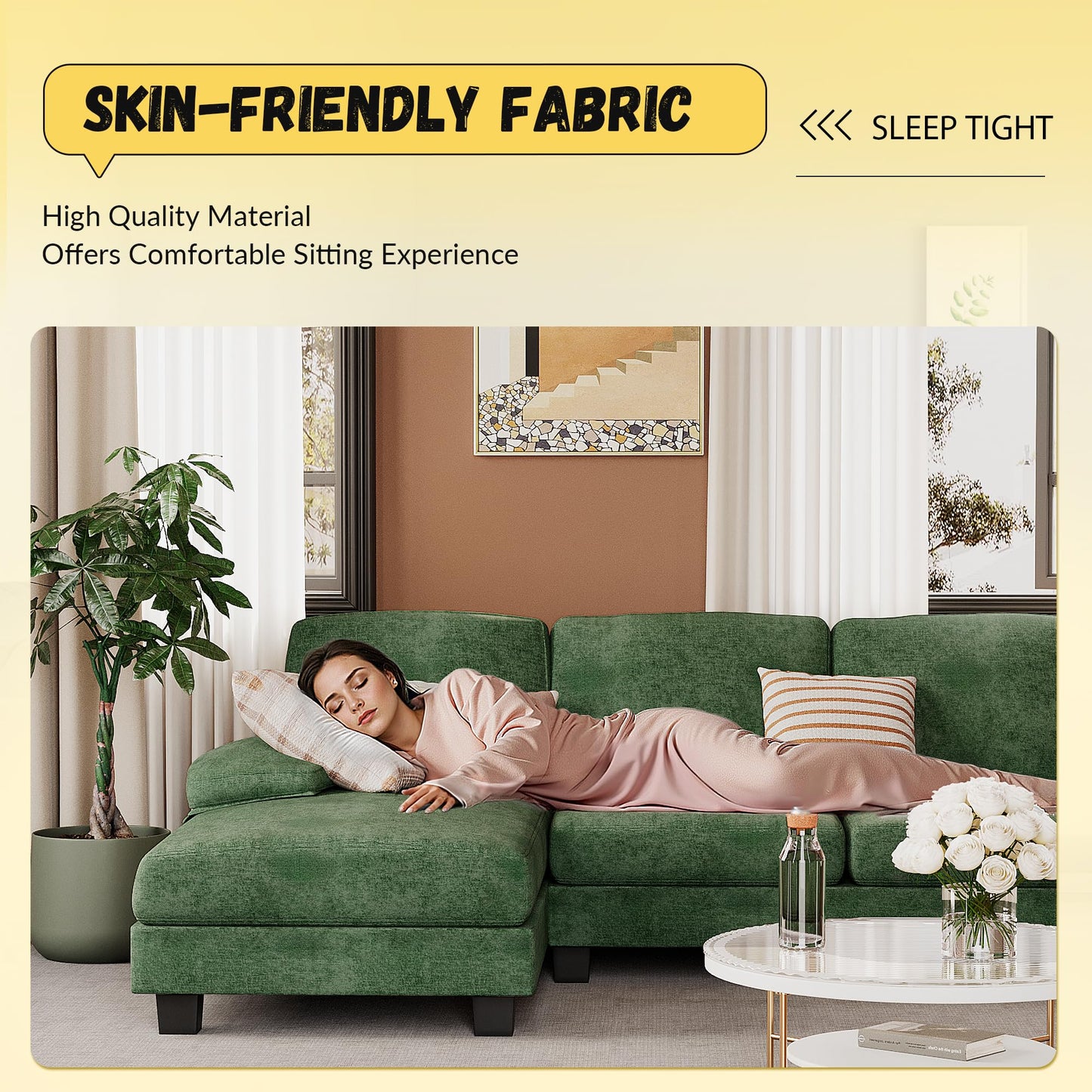 JUMMICO Sectional Couches for Living Room, U Shaped Couch with Chenille Fabric, 4 Seat Modern Sofa with Removable Pillows for Apartment and Small Space (Corduroy, Beige)