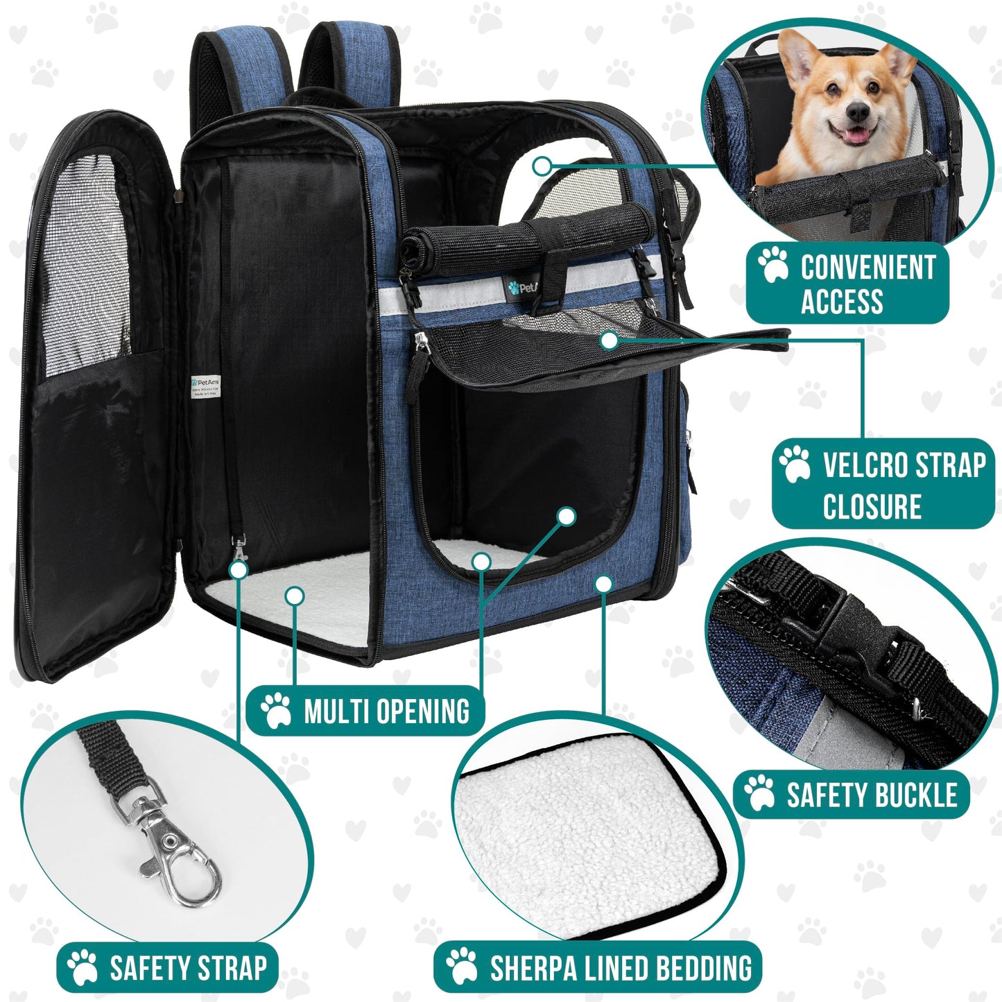 PetAmi Dog and  Cat Backpack Carrier for Cats, 4-Way Entry Ventilated, 18lbs Max | Sherpa Bed Included, Foldable Load-In Top, Safety Reflective Strap, Breathable Mesh, Poop Bag Dispenser, Padded Back Support